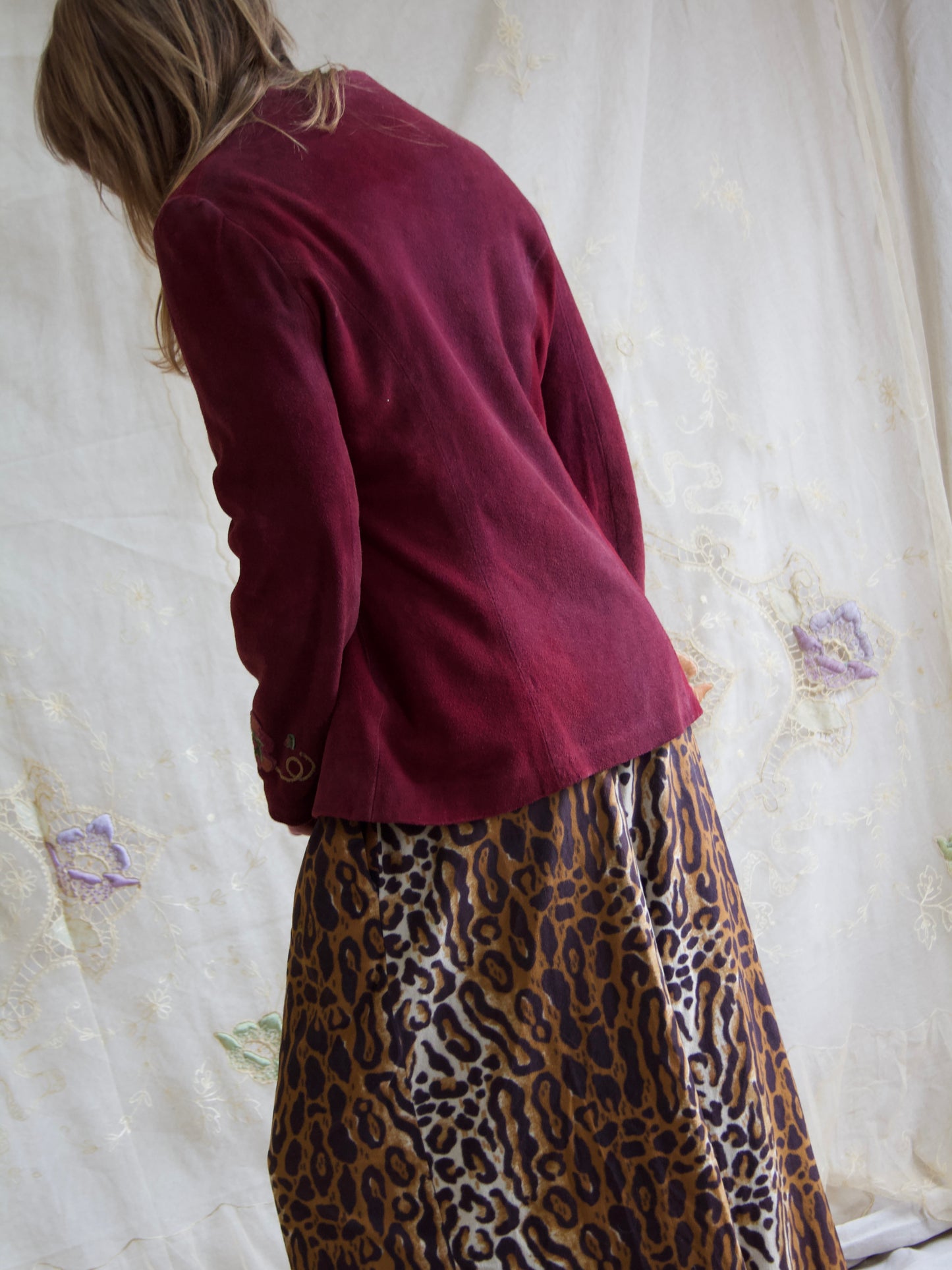 1970s Aubergine Suede Floral Applique Jacket