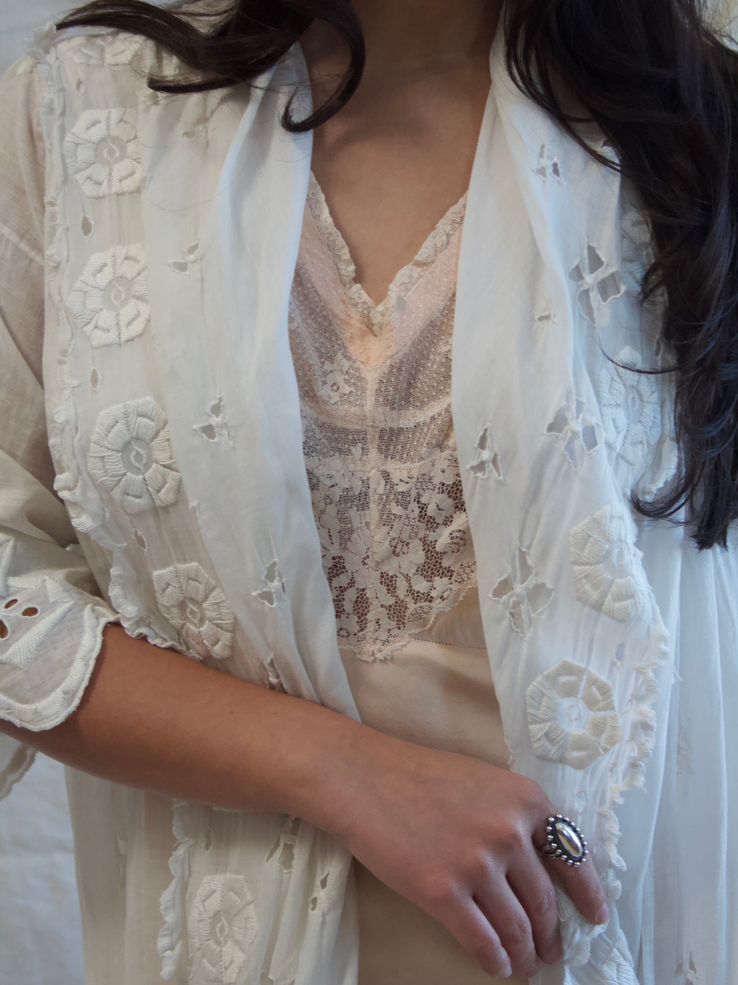 Antique Edwardian Hand Sewn Eyelet Cotton Duster Robe