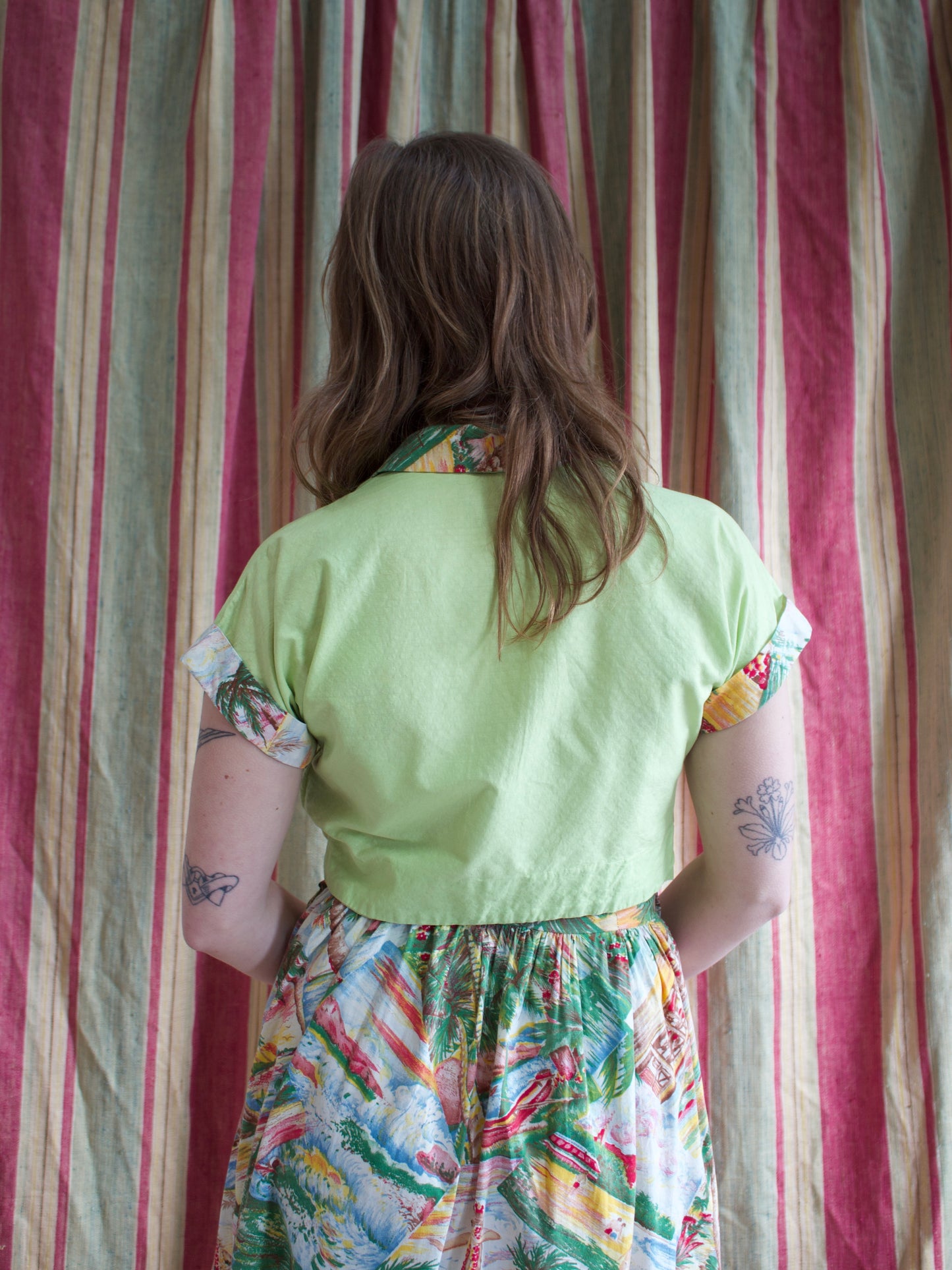 1940s 2 PC Hawaiian Print Cotton Sundress w* Chartreuse Bolero