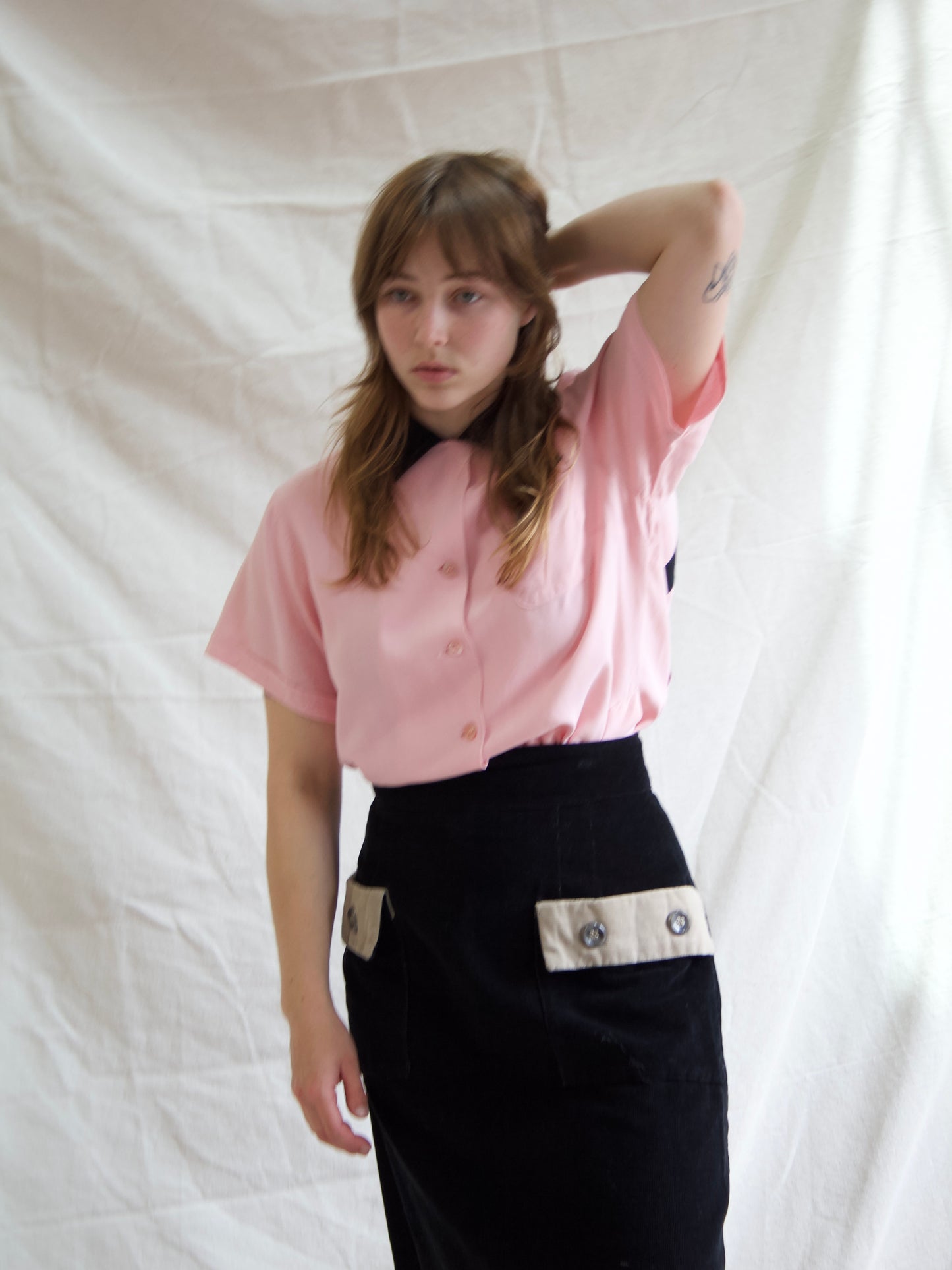 Rare 1950s “Starkeys Bowlerettes” Pink Rhinestone Embellished Gabardine Bowling Shirt