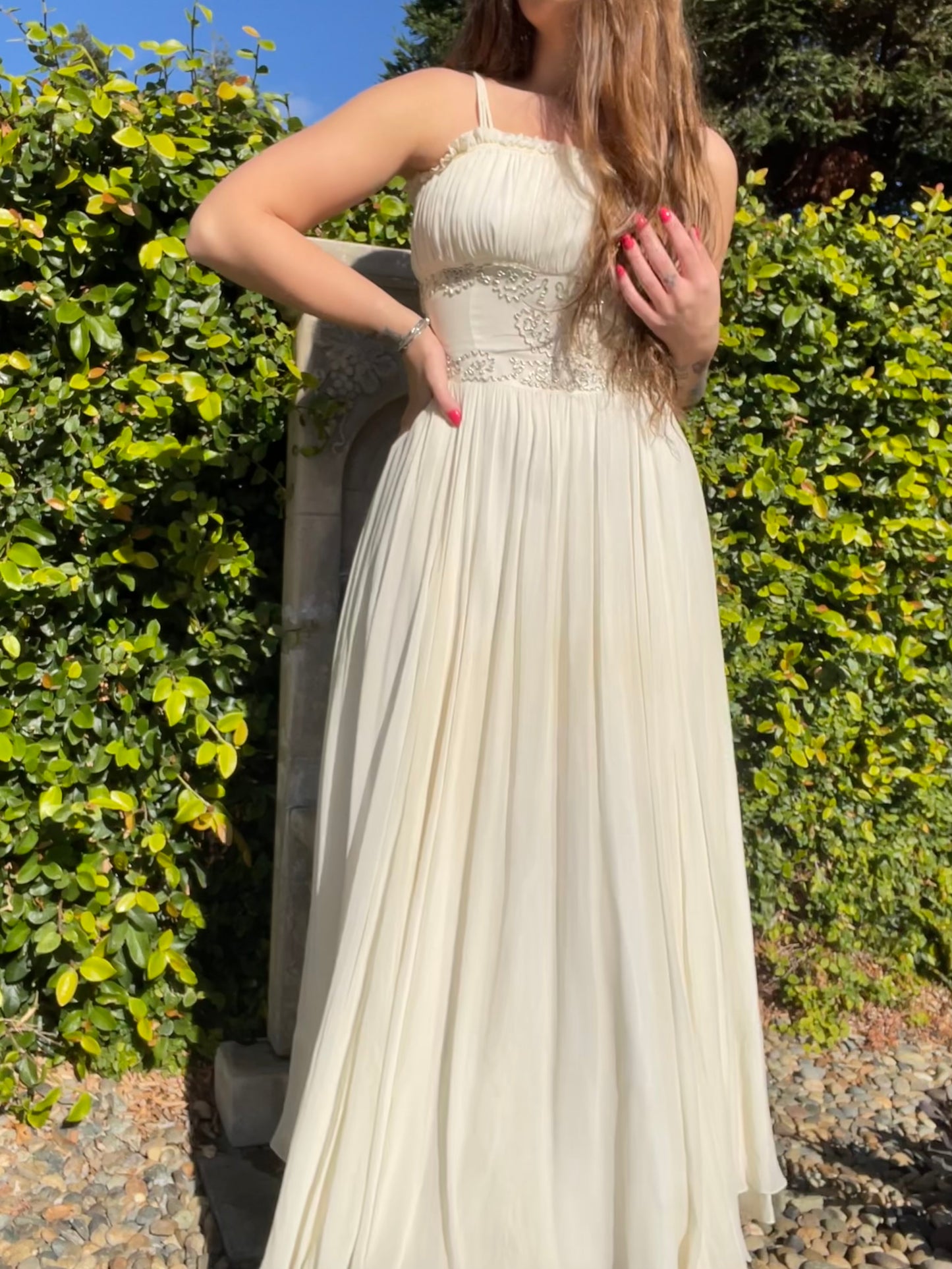 1940s Metallic Soutache Embroidered Chiffon Gown