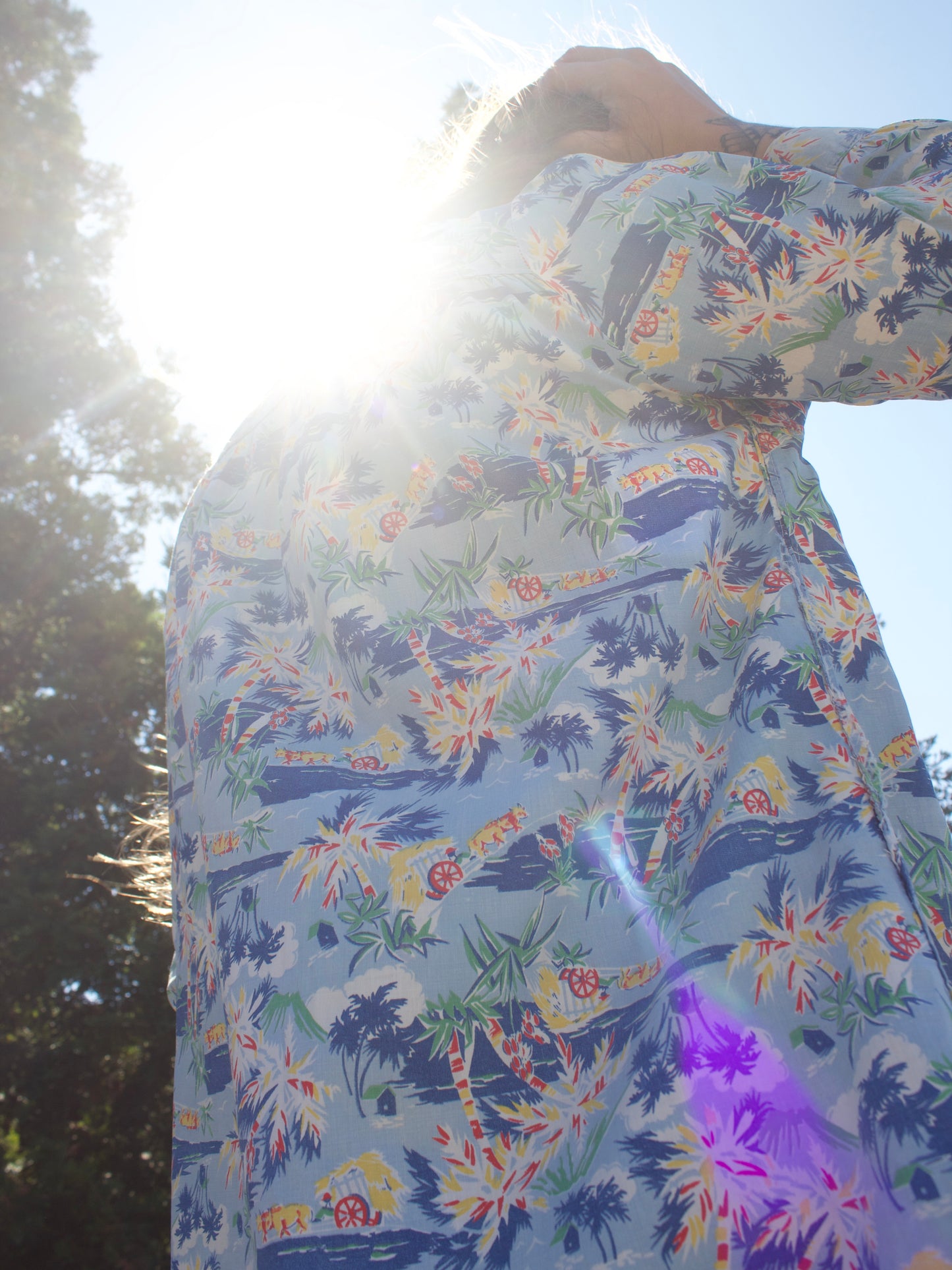 1930s/1940s Tropical Print Cotton Bishop Sleeve Smock