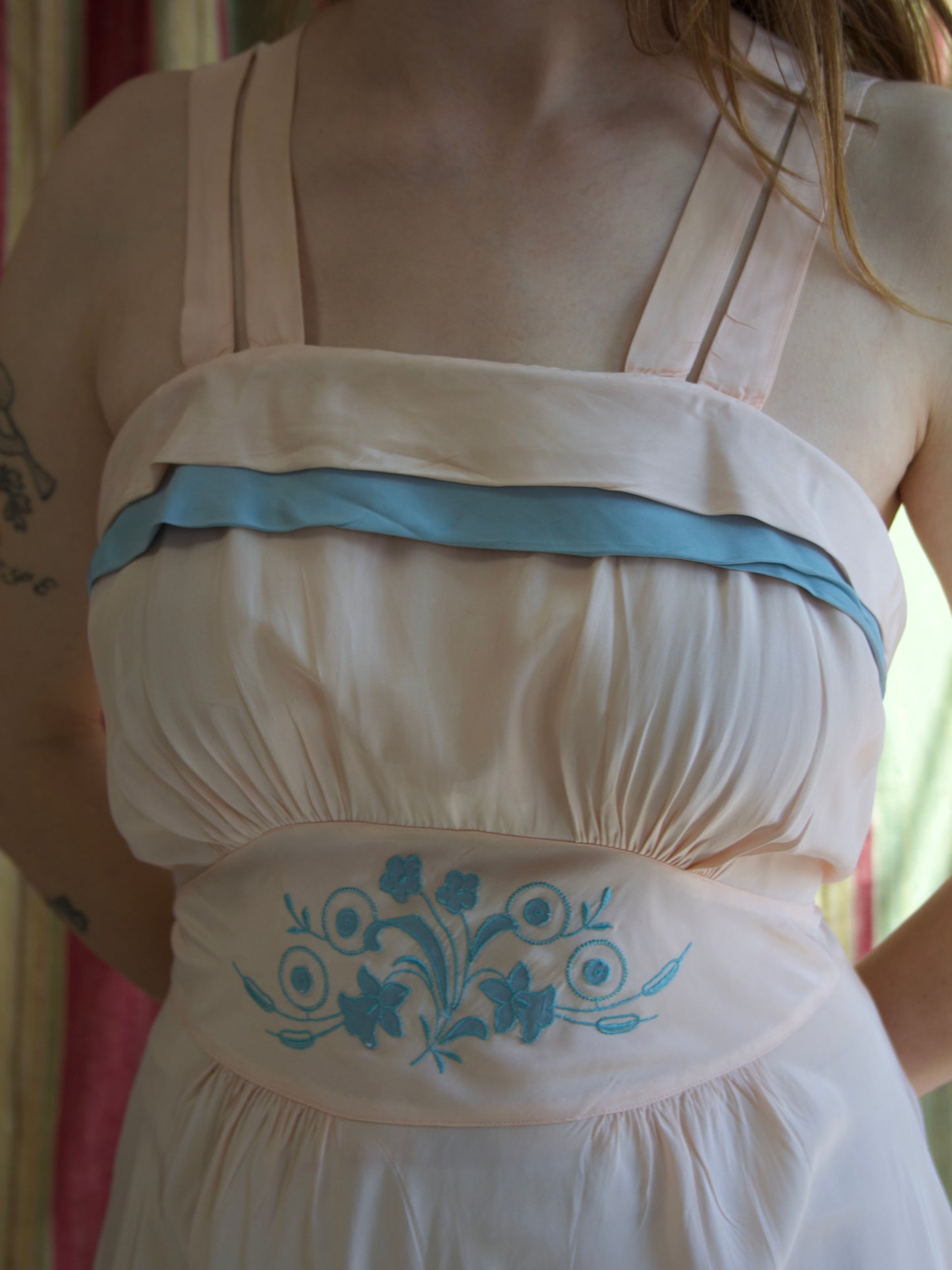 1940s Appliqué Two Tone Cold Rayon Bias Cut Slip Dress