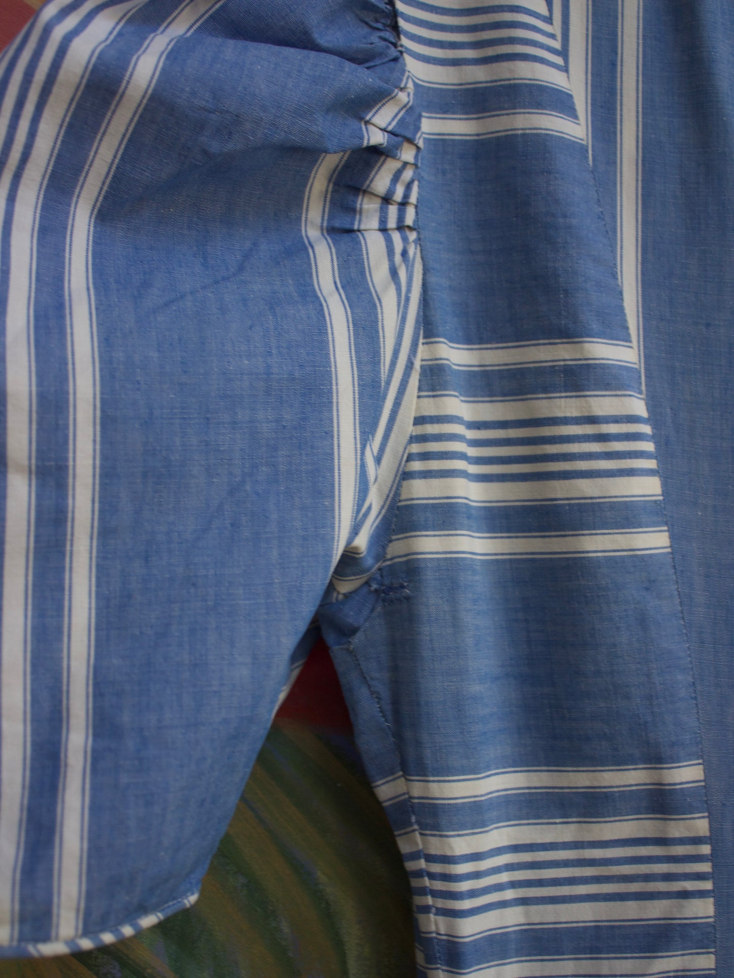 1930s Extreme Puff Sleeve Striped Chambray Floor Length Duster
