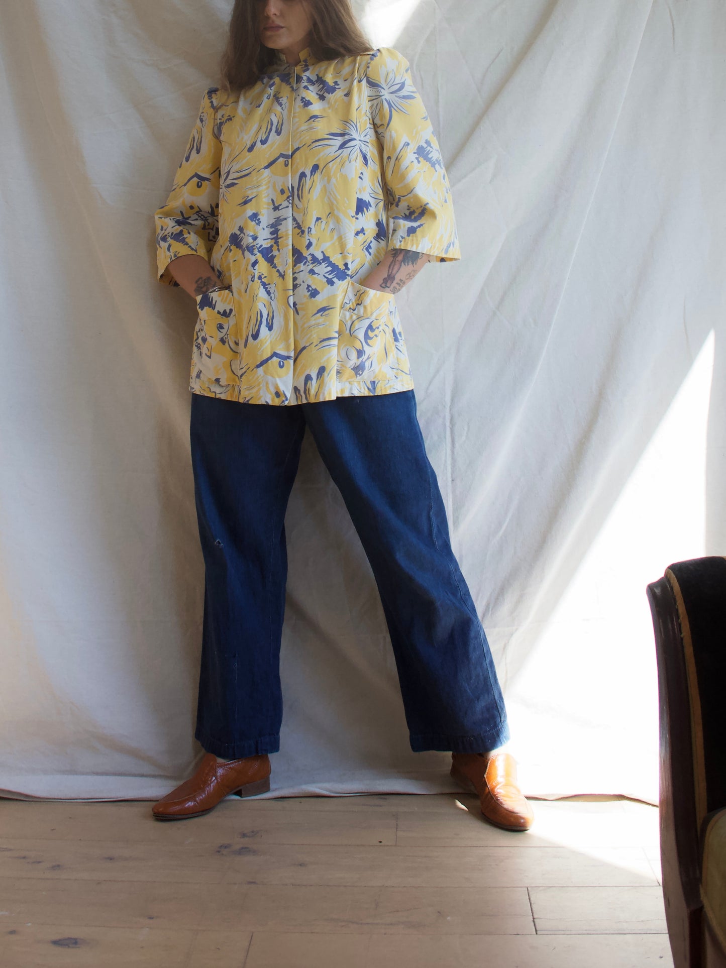 Rare 1940s Southwestern Print Cotton Twill Puff Sleeve Sportswear Smock Style Jacket