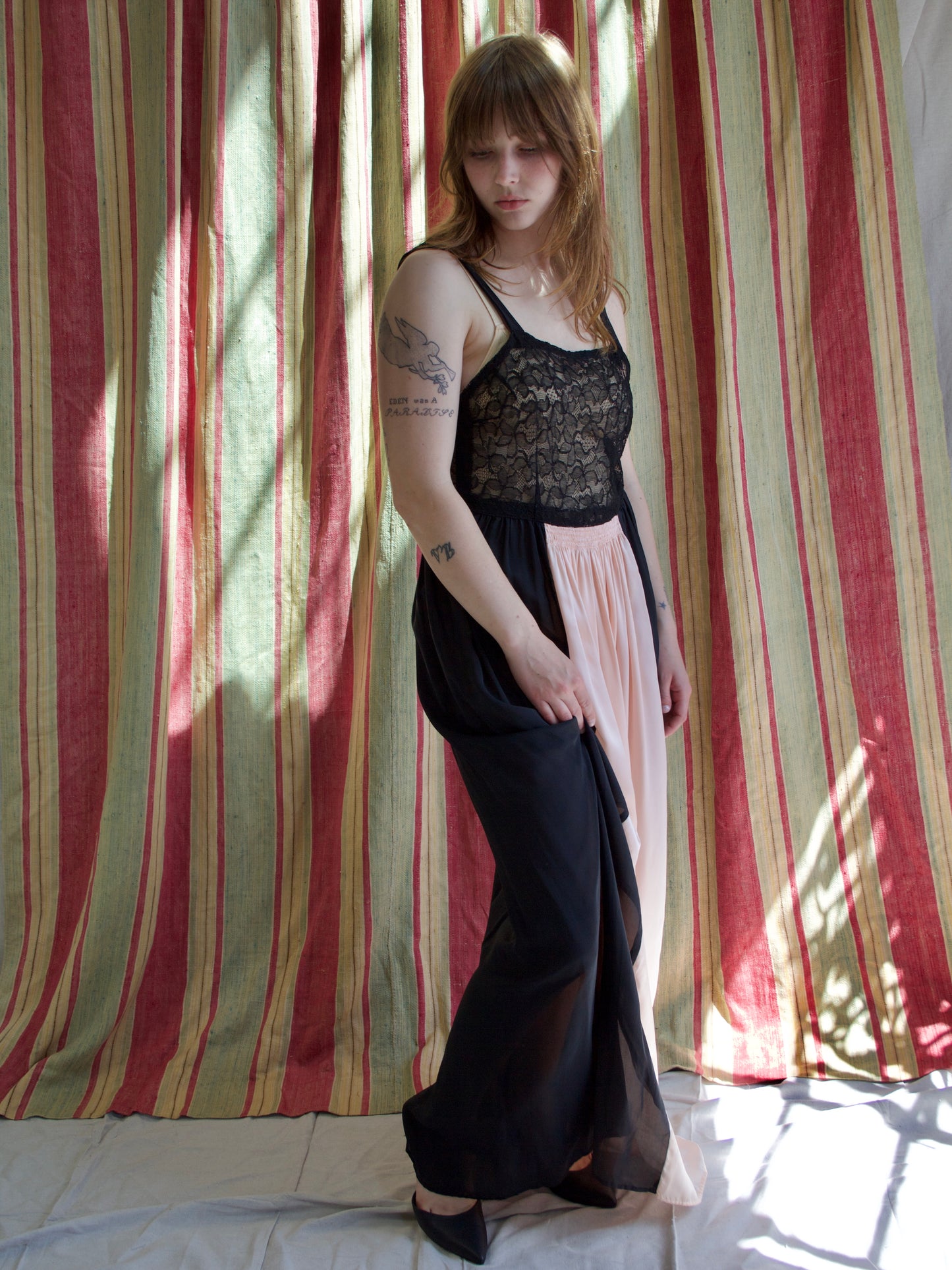 1930s Colorblock Lace & Rayon Satin Slip Dress