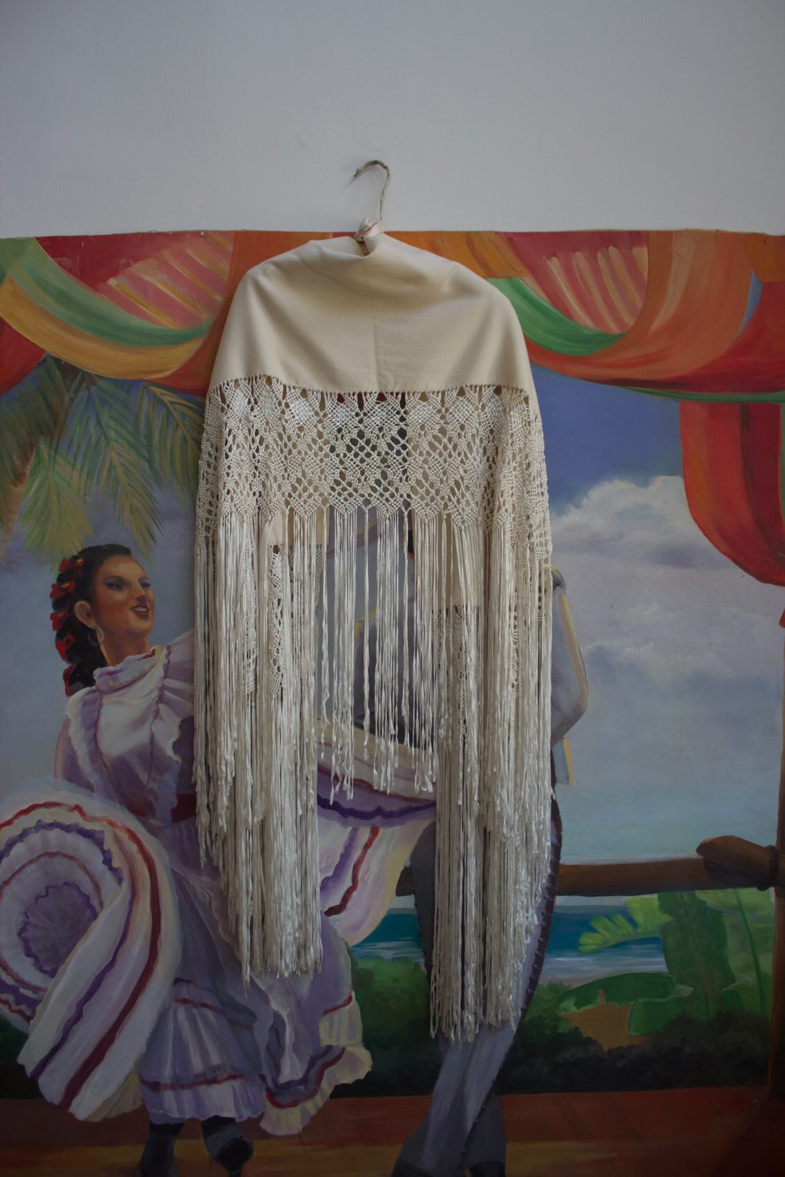 1930s Cream Wool & Ribbon Fringe Shawl