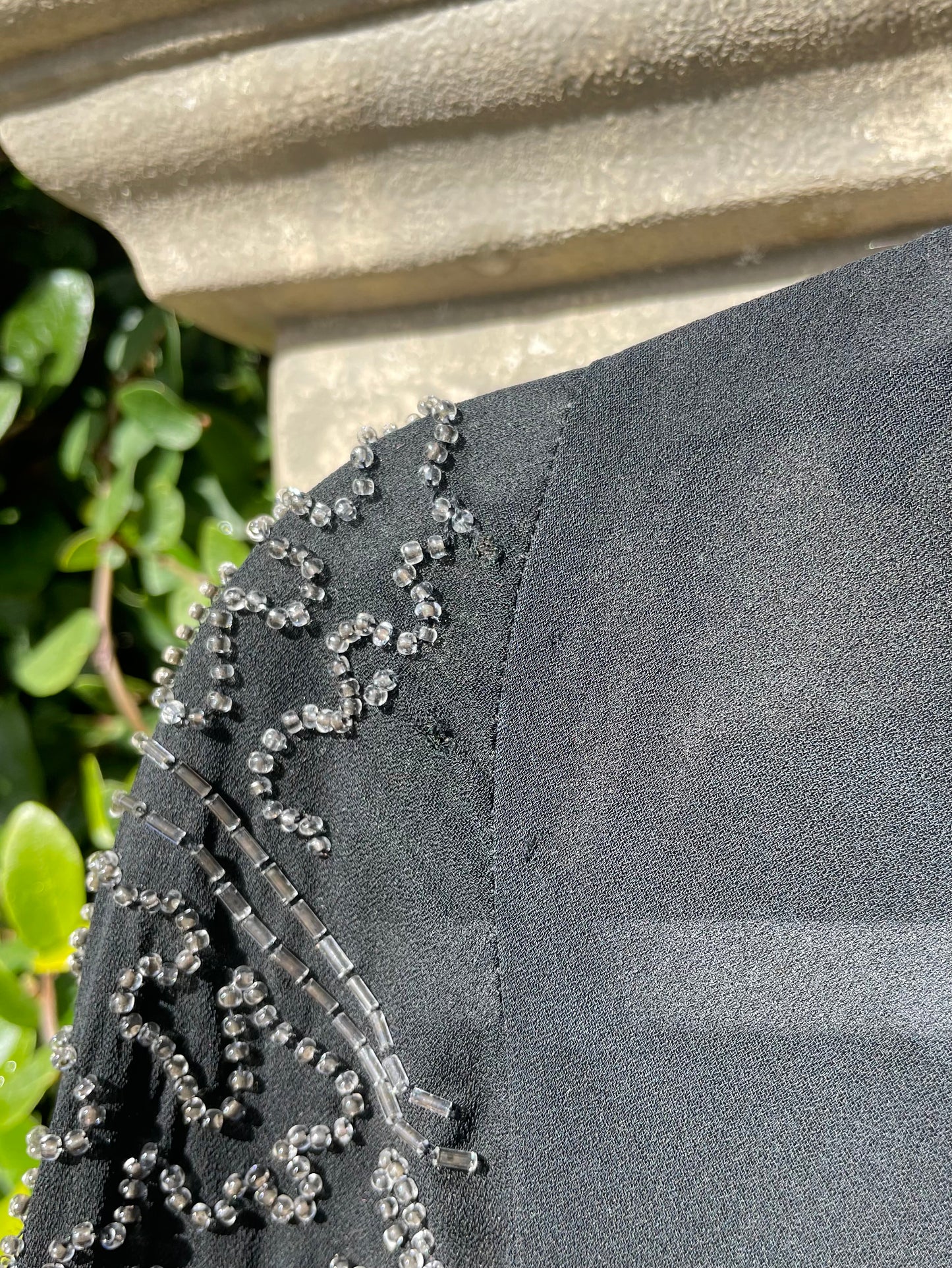1930s Deco Jet Black Silk Crepe Glass Beaded Bishop Sleeve Dress