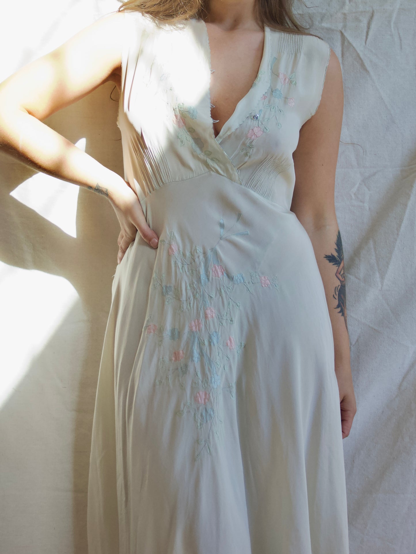 1930s Pale Seafoam Silk Floral Appliqué Slip Dress