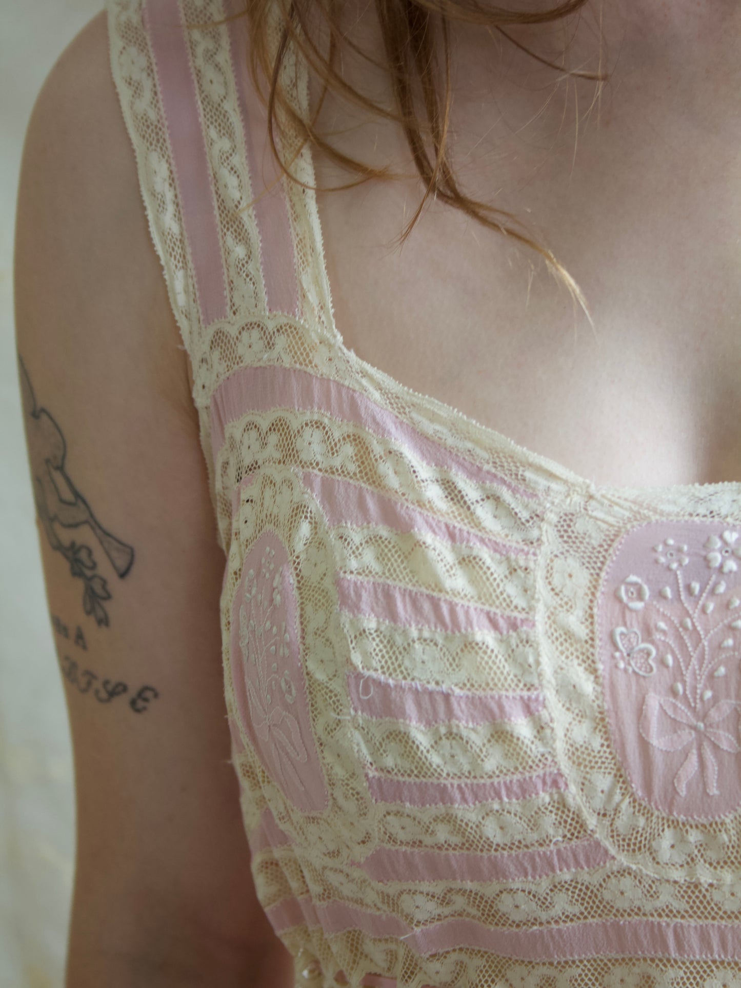 1930s Pale Silk Chiffon & Lace Hand Embroidered Slip Dress