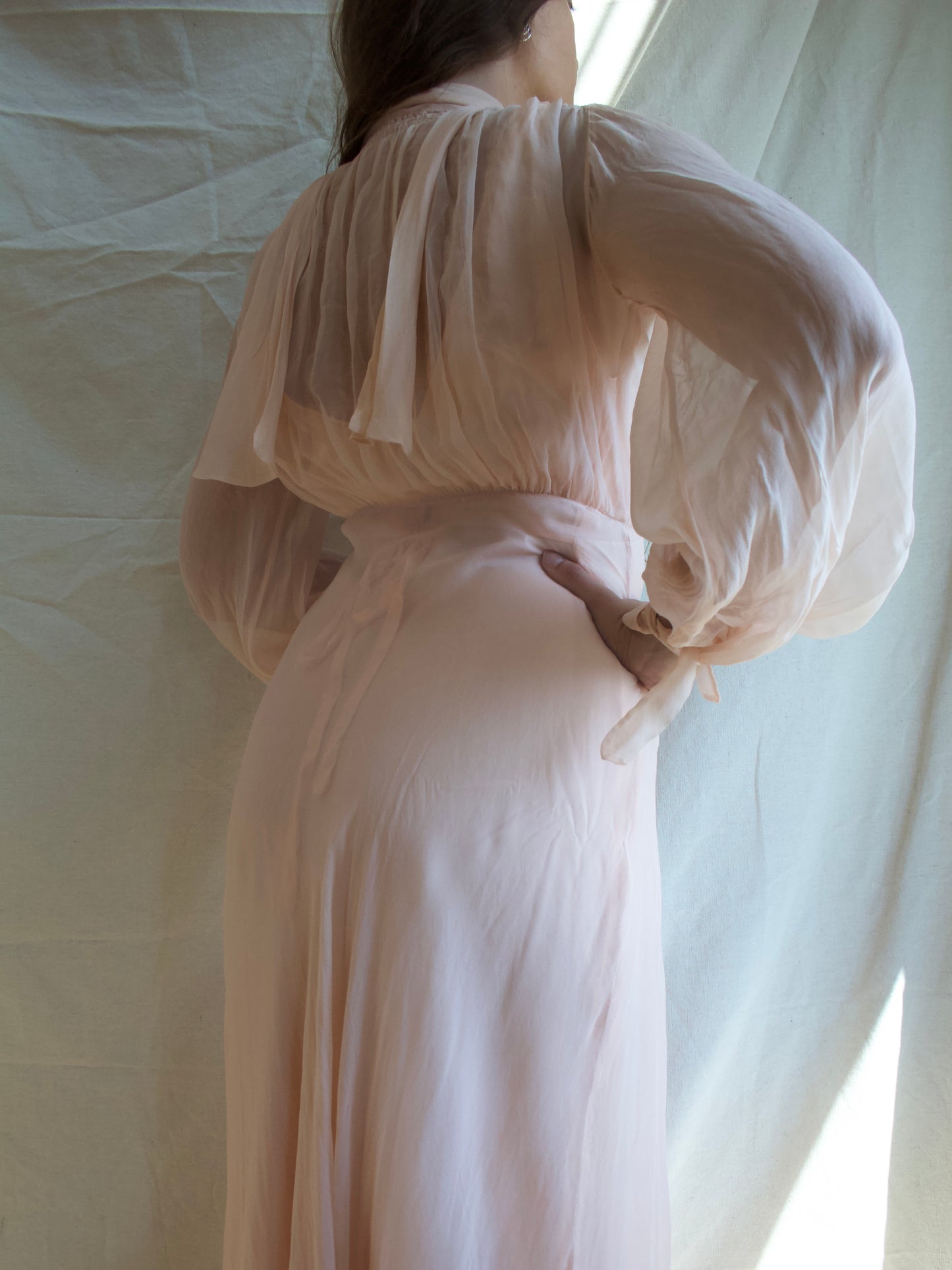 1930s Chiffon Bishop Sleeve Smocked Trained Peignoir