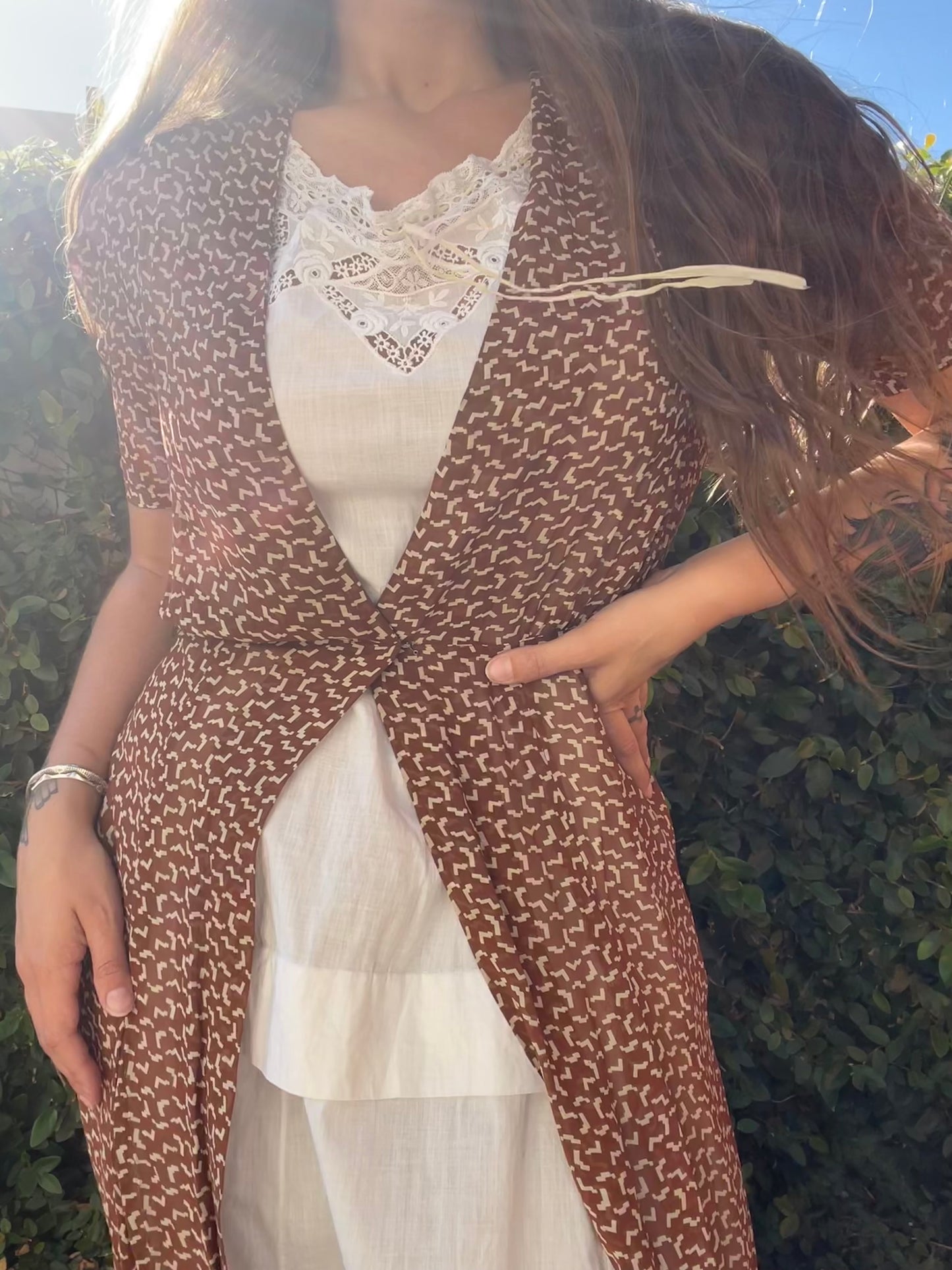 1930s Printed Chocolate Brown Chiffon Over Dress