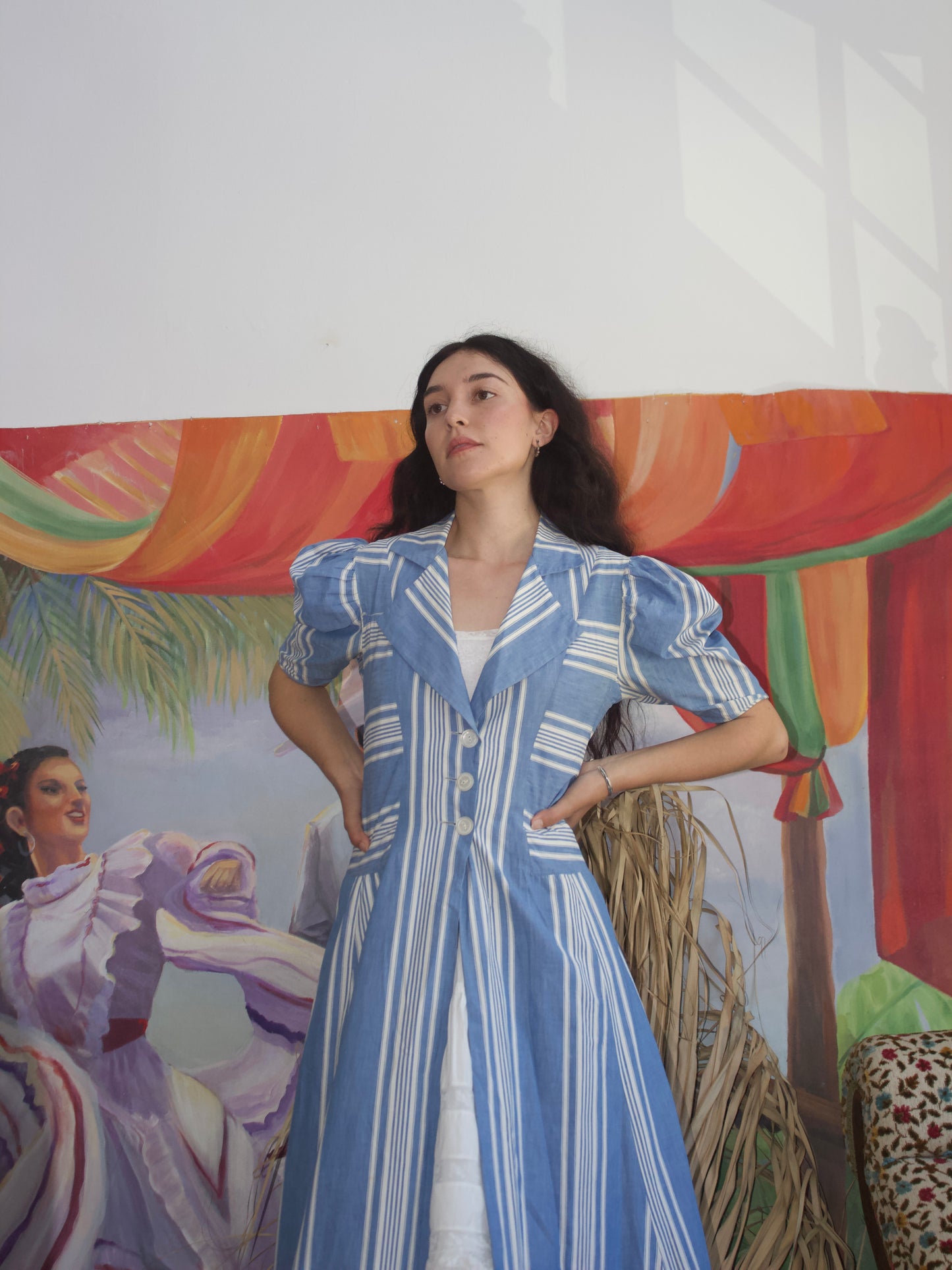 1930s Extreme Puff Sleeve Striped Chambray Floor Length Duster