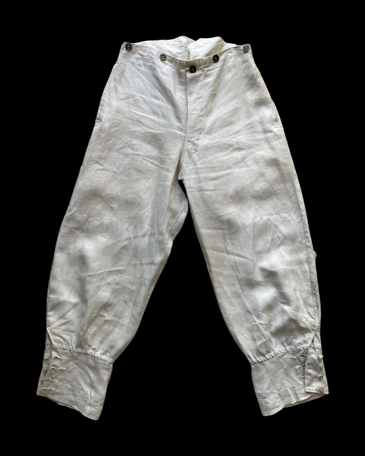 1886 French Linen Buckle Back Fishtail Breeches