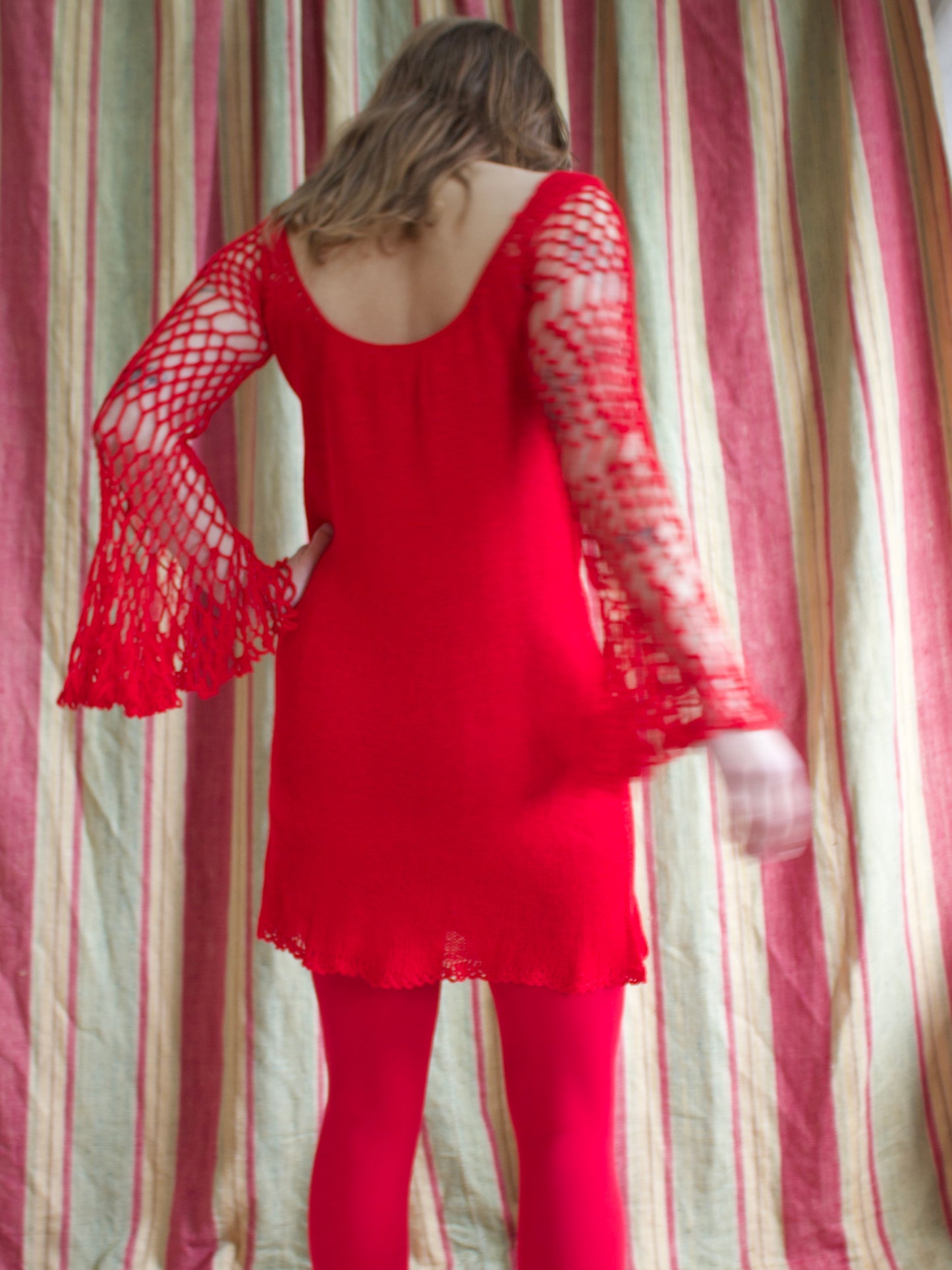 1970s Cherry Red Bell Sleeve Knit Mini Dress