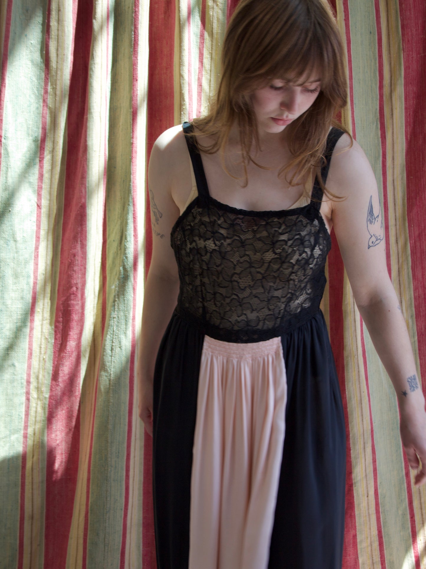 1930s Colorblock Lace & Rayon Satin Slip Dress