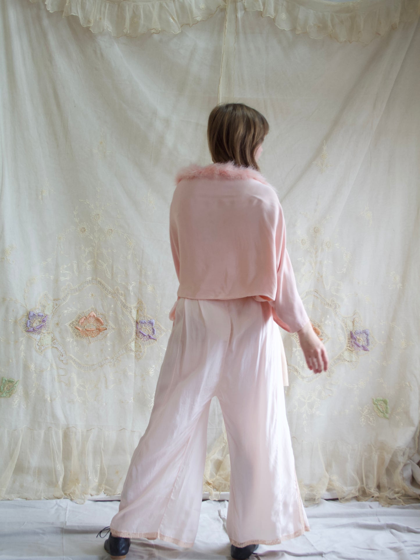 1930s Soft Pink Crepe, Chiffon & Marabou Trim Tie front Bolero