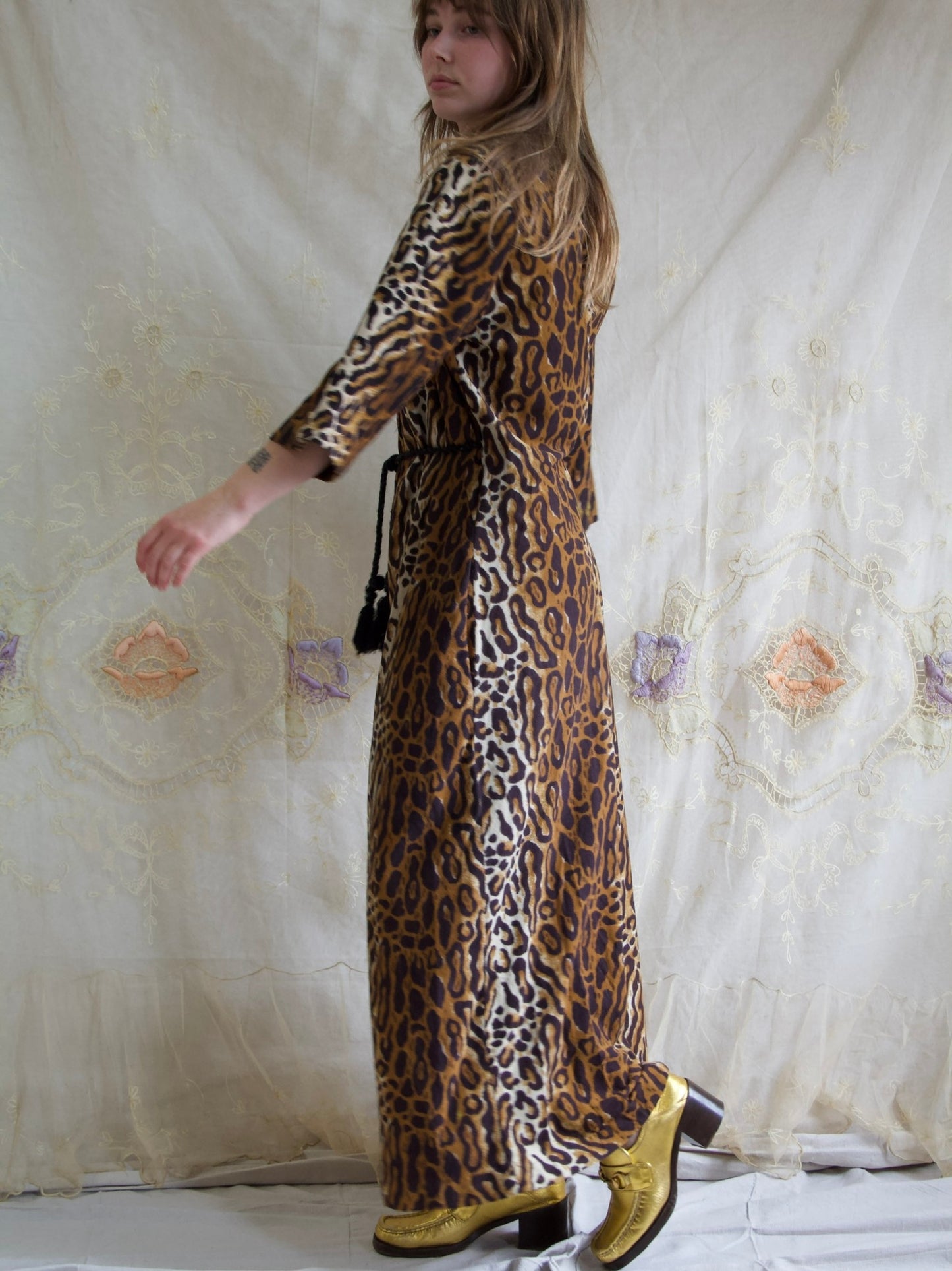 1950s Cheetah Print Plush Palazzo Pant Zip Front Lounge Jumpsuit