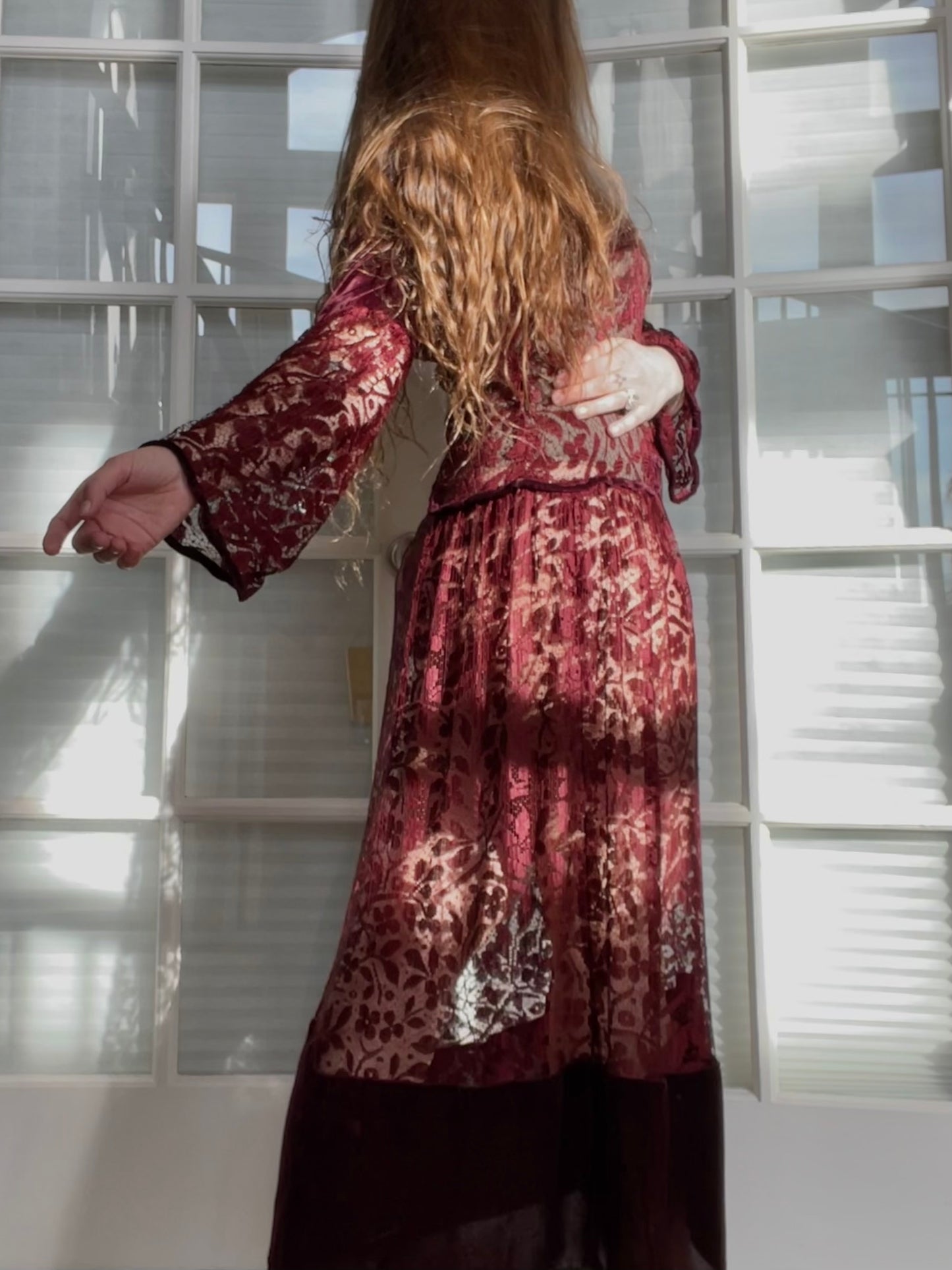 1920s Merlot Silk Velvet & Lace Bell Sleeve Dress
