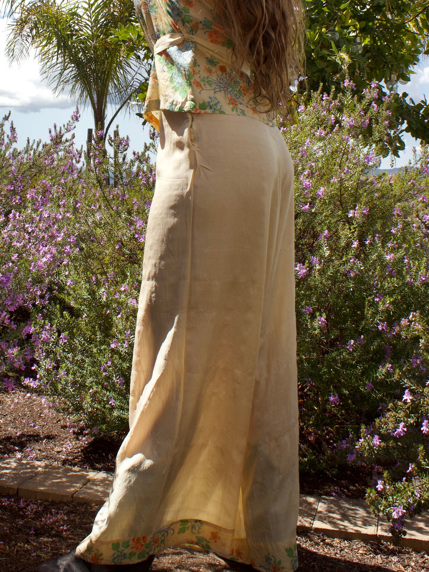 Antique 1920s Pongee Silk Flutter Sleeve 2 Piece Palazzo Pant Set