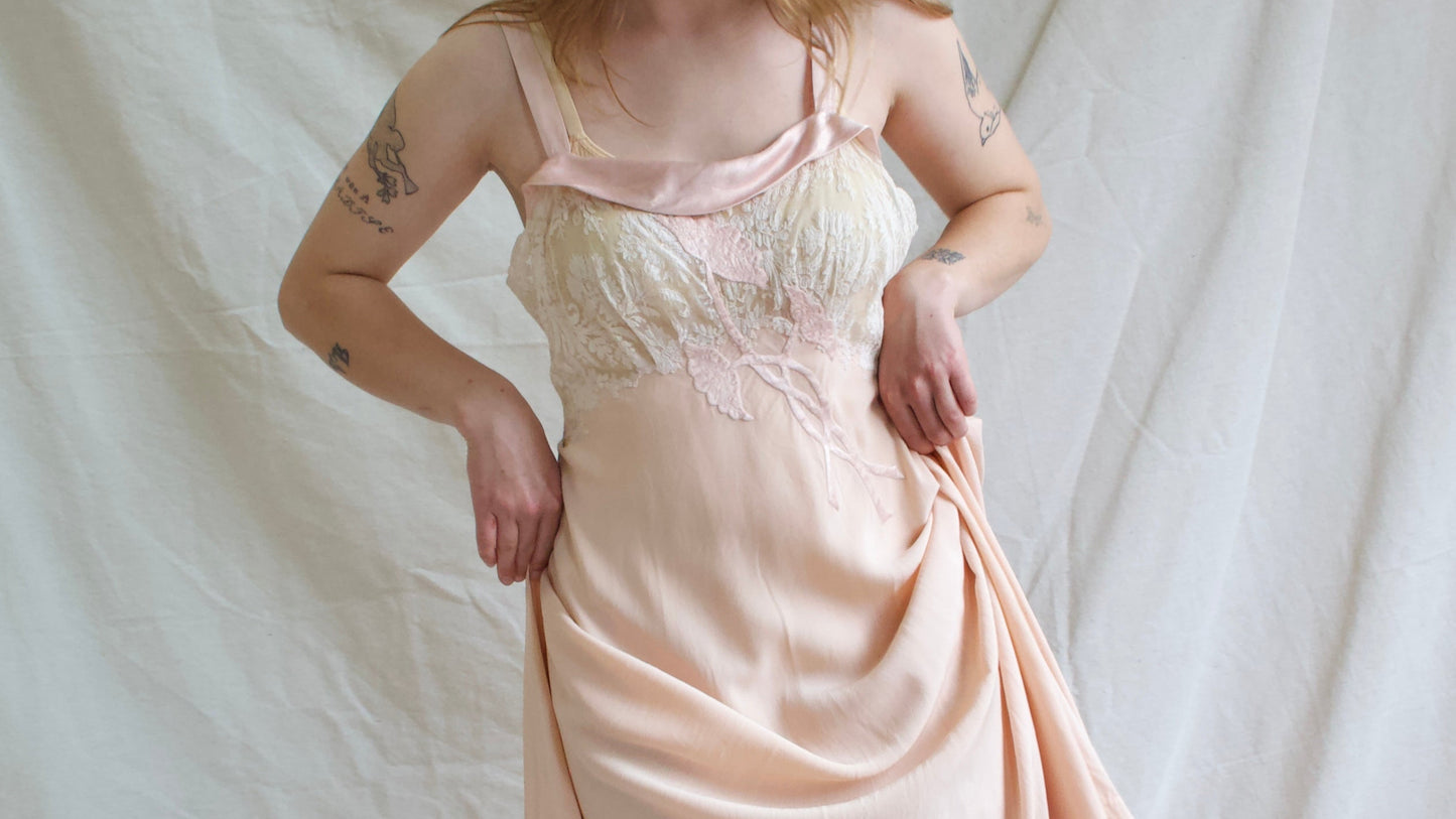 1930s Hand Sewn Bias Cut Silk Lace Floral Appliqués Slip Dress