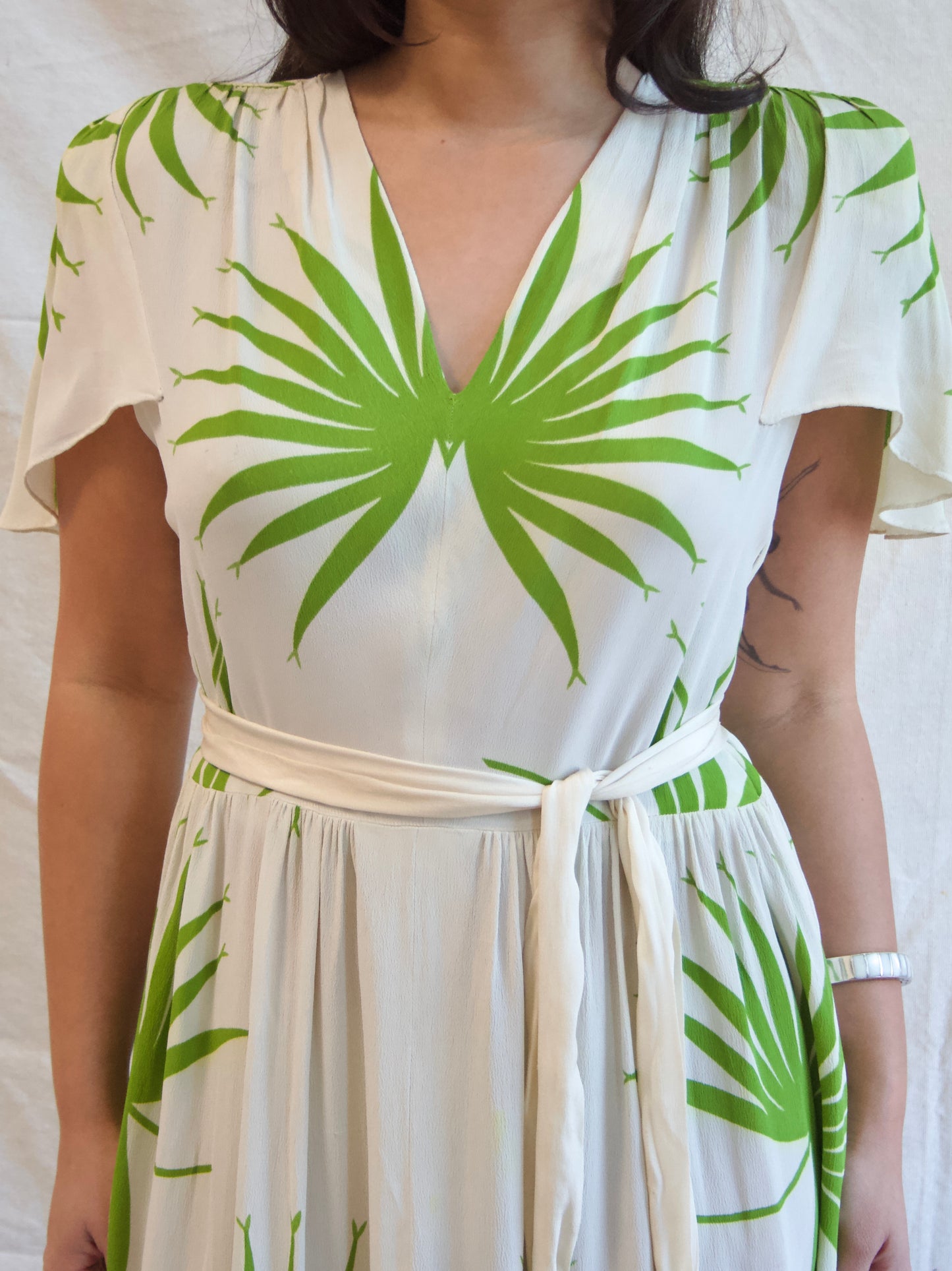 1940s Strong Shoulder Lime Green Palm Print Silk Crepe Dress
