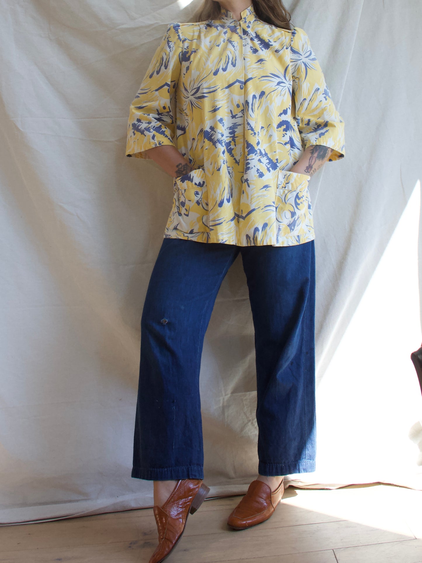 Rare 1940s Southwestern Print Cotton Twill Puff Sleeve Sportswear Smock Style Jacket