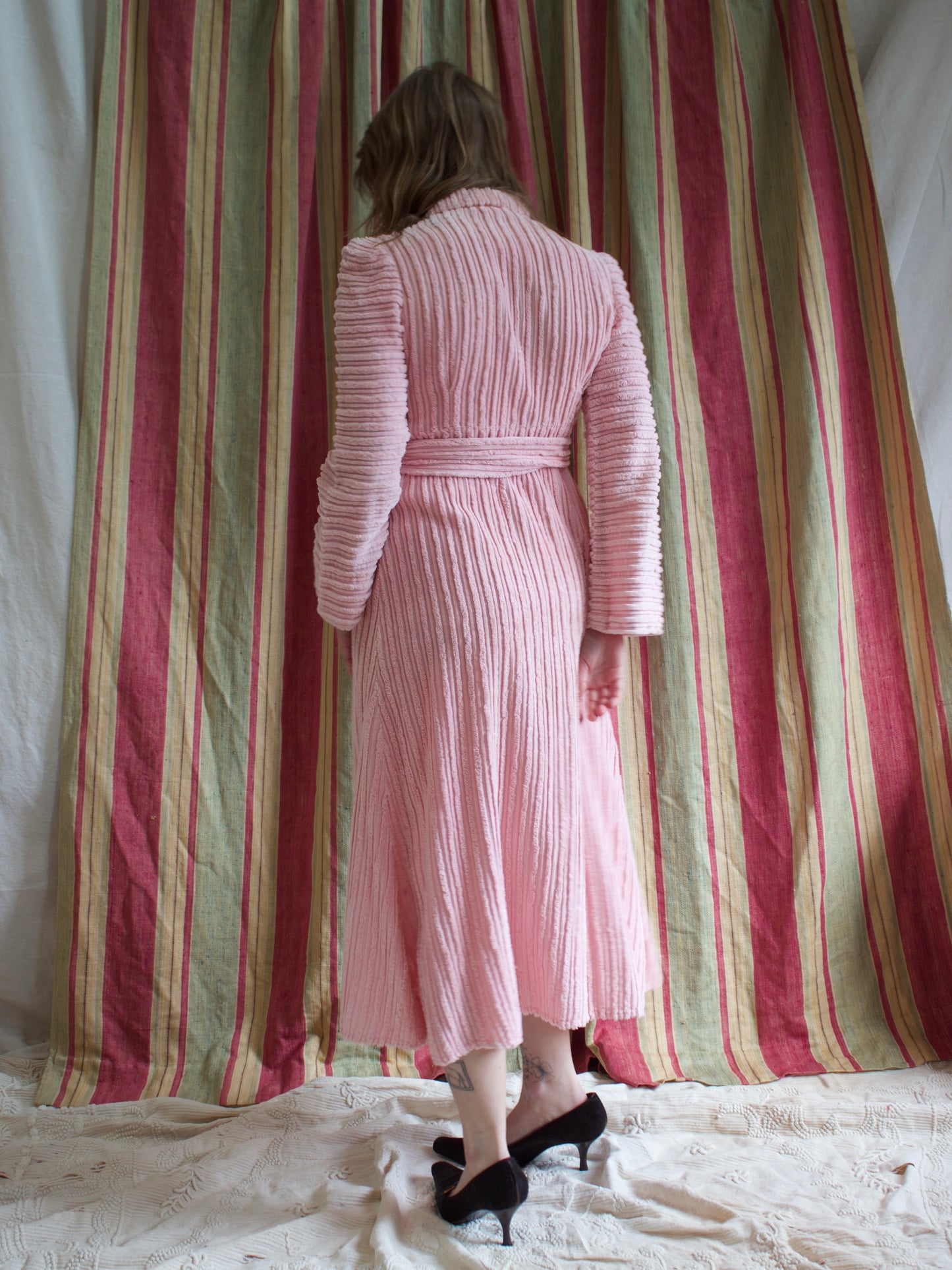 1940s Ballet Pink Chenille Puff Sleeve Tie Waist Dress