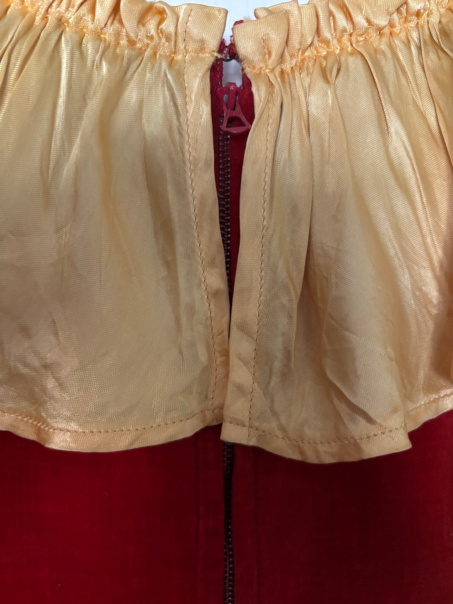 1930s Crimson Velveteen & Gold Liquid Satin Tiered Ruffle Gown
