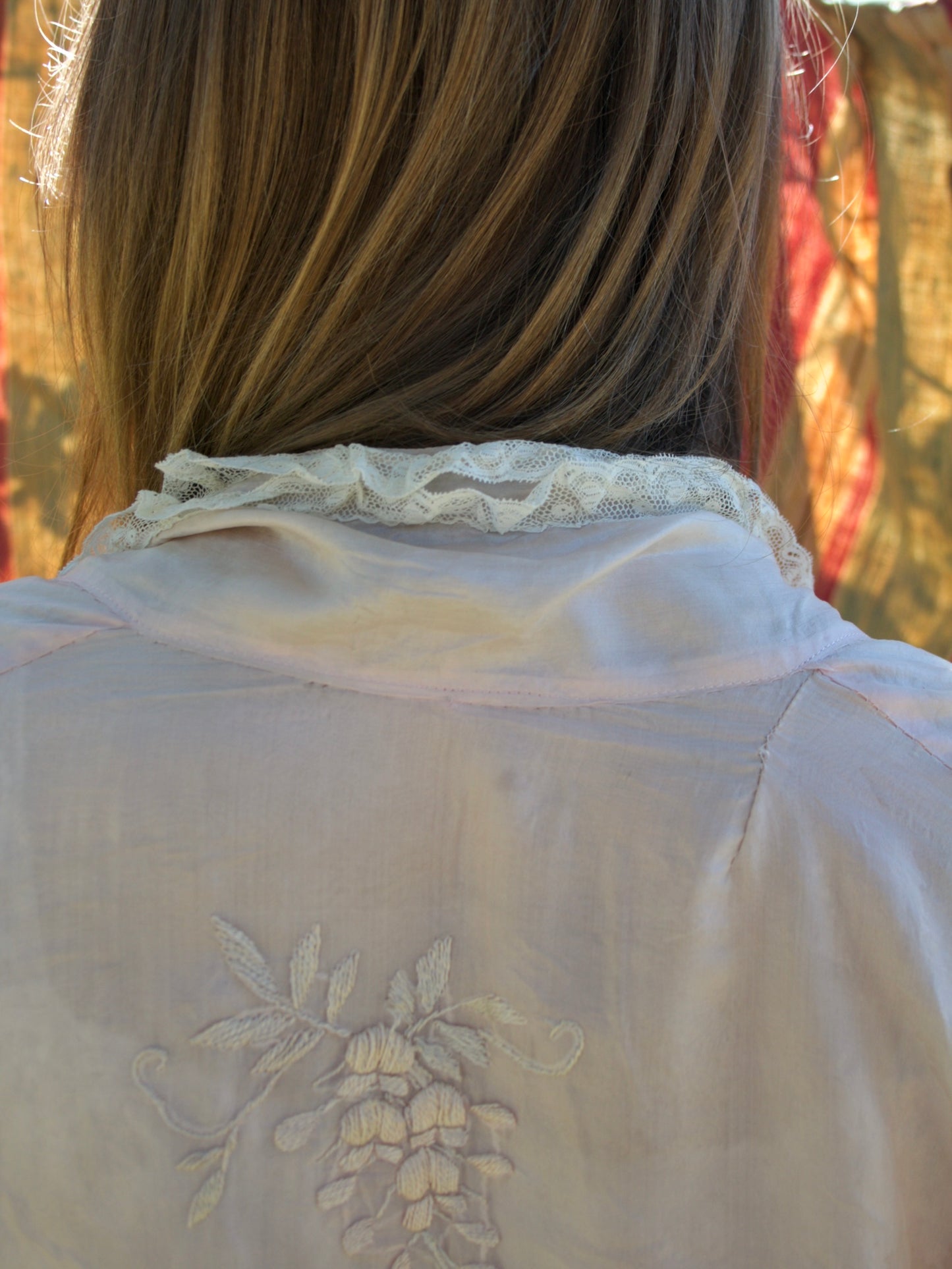 Antique 1920s Pale Pink Tissue Silk Embroidered Lace Trim Boudoir Robe