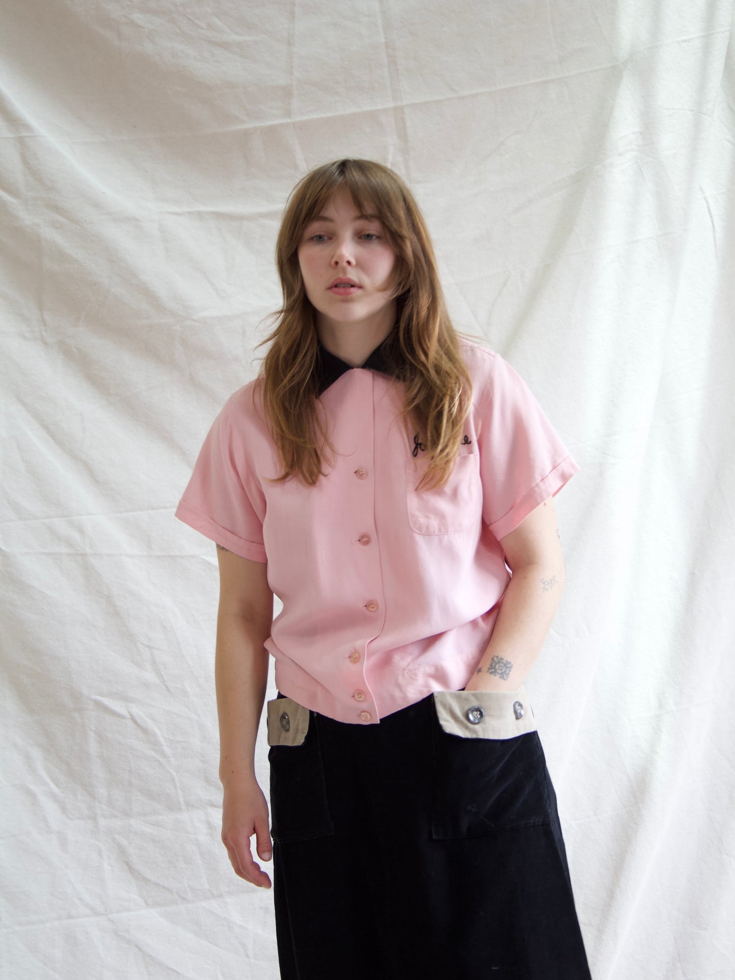 Rare 1950s “Starkeys Bowlerettes” Pink Rhinestone Embellished Gabardine Bowling Shirt