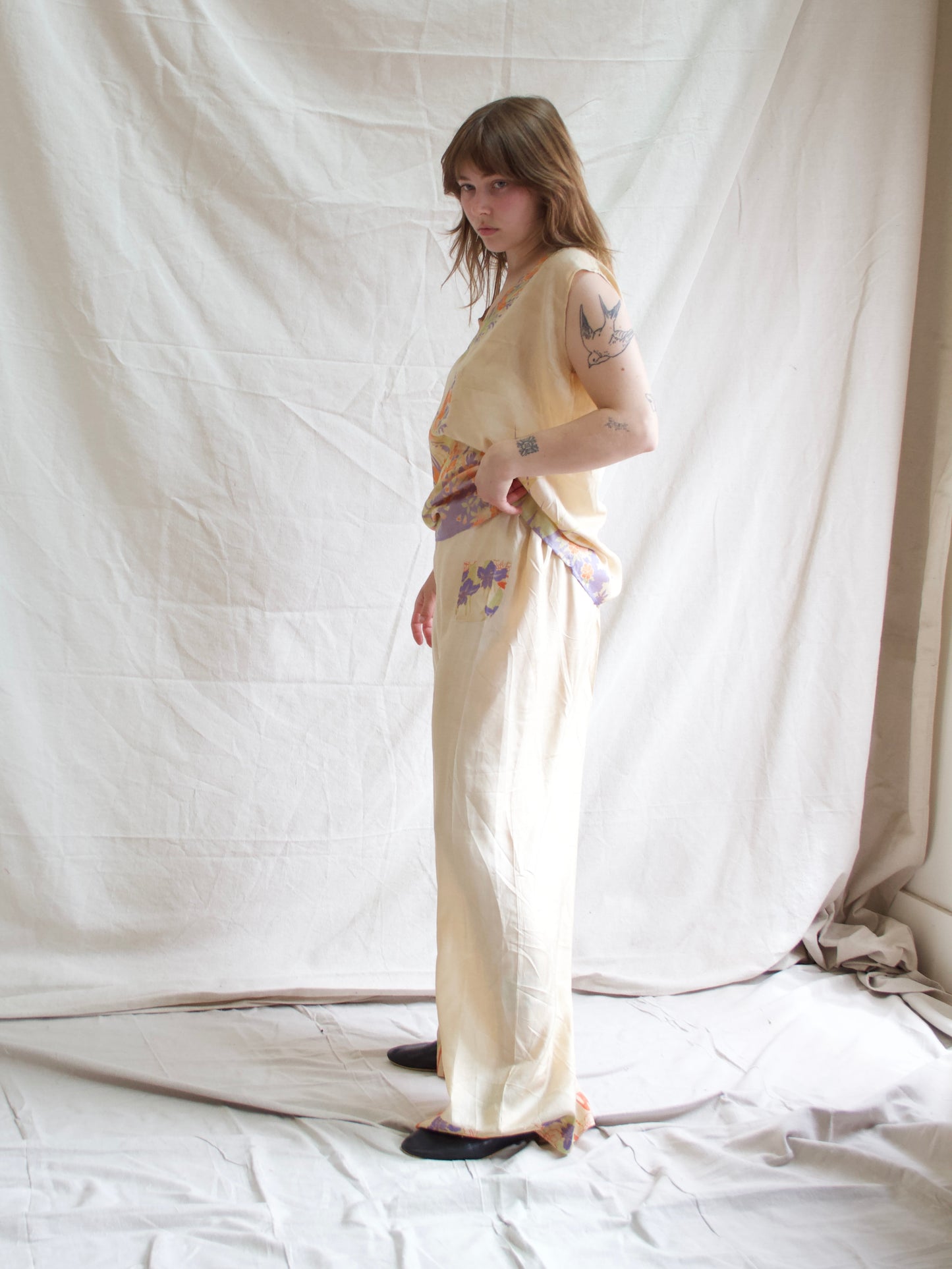 Antique 1920s/1930s Two PC Pongee Silk Palazzo Pant Lounge Set