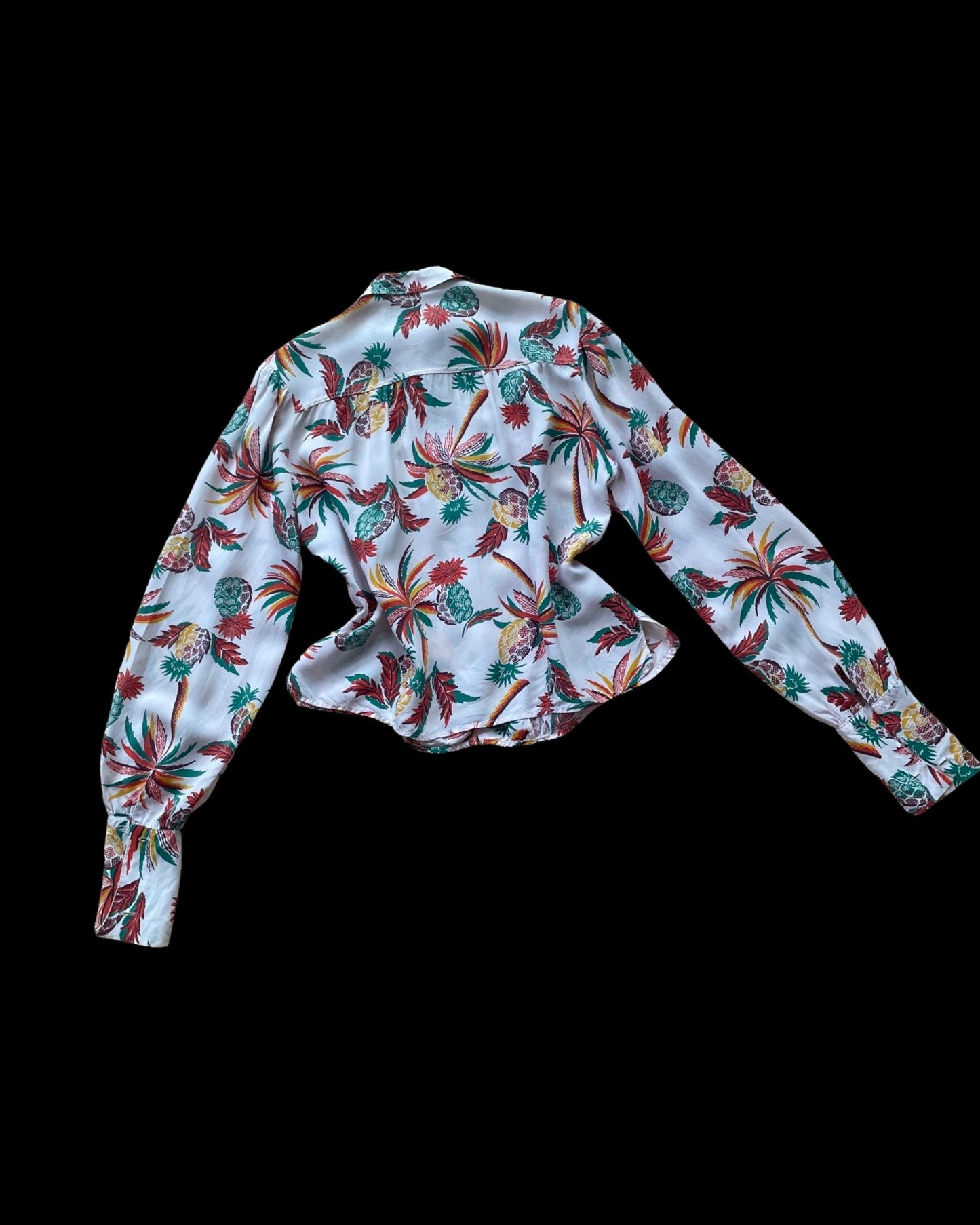 1940s Cold Rayon Loop Collar Palm Tree & Pineapple Print Bishop Sleeve Hawaiiana Blose