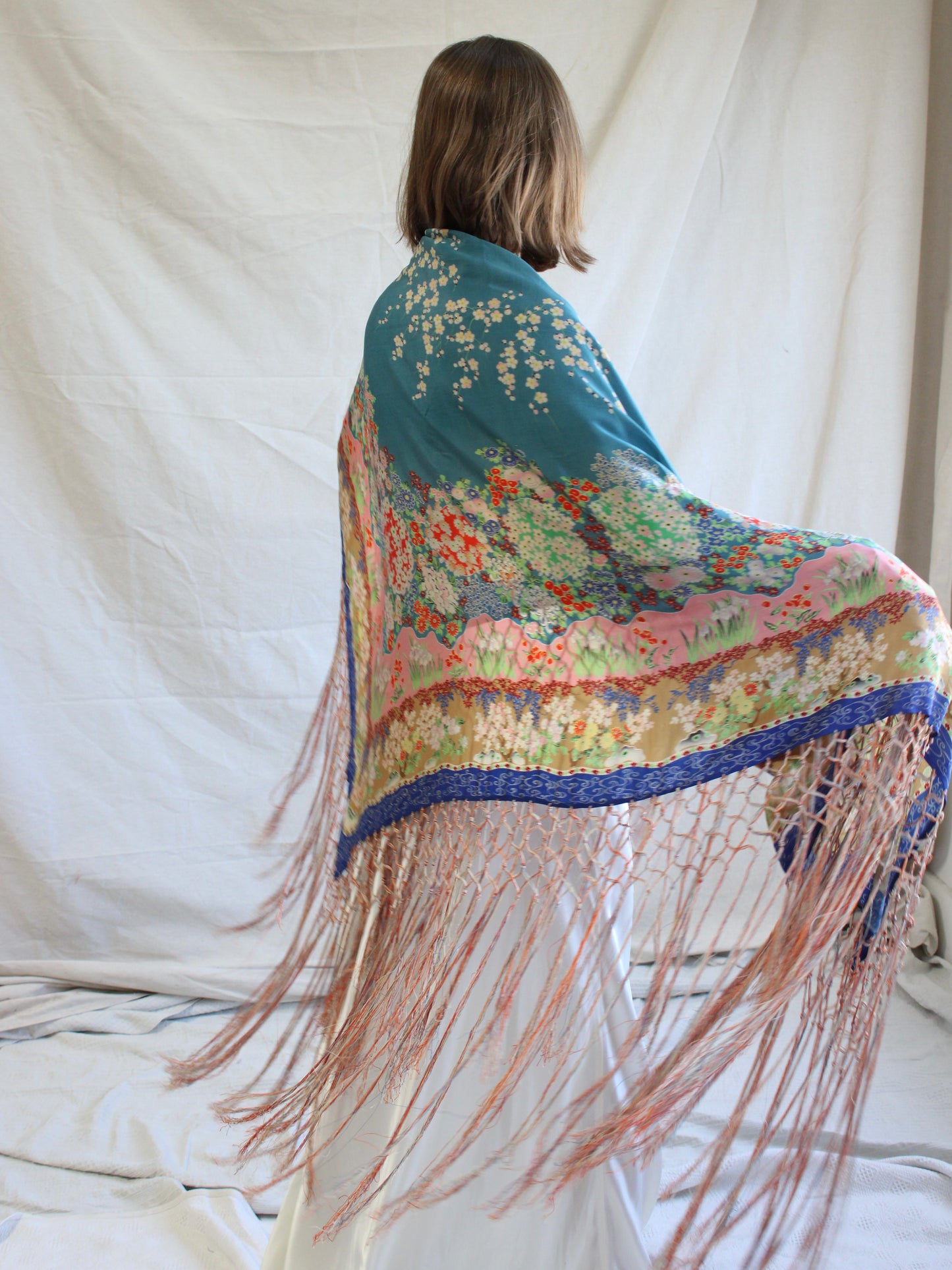 Antique 1920s Japanese Florals Printed Silk Knotted Fringe Shawl