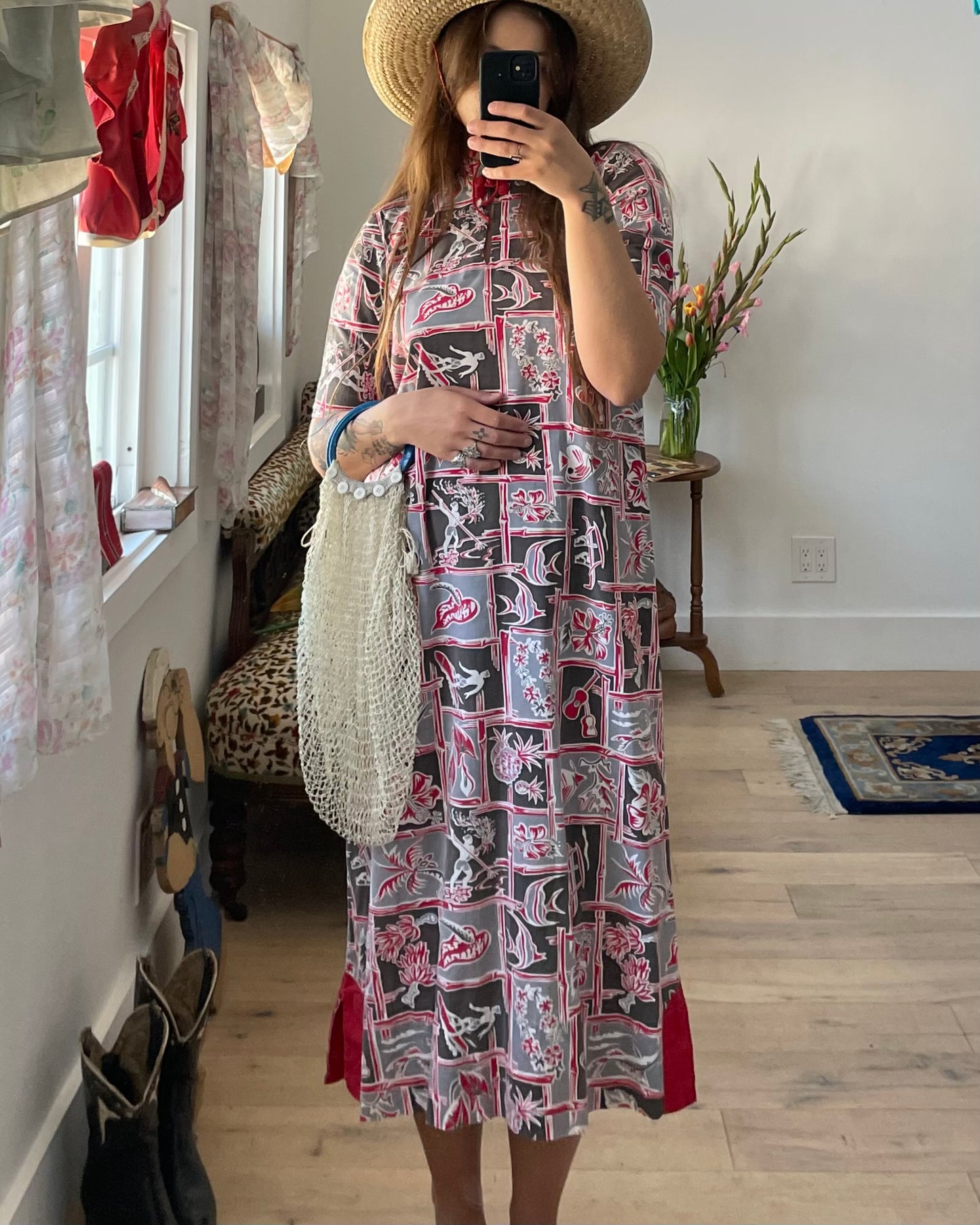 1930s Hawaiian Surf Print Cotton Mandarin Collar Dress