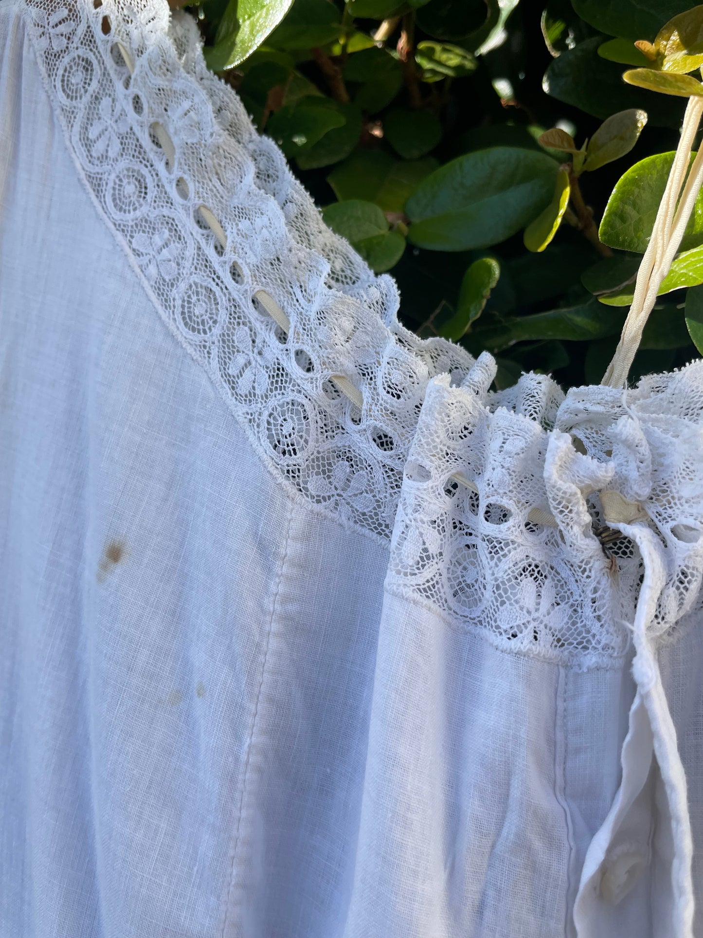 Edwardian Cotton & Silk Tie Lace Yoke Midi Length Dress