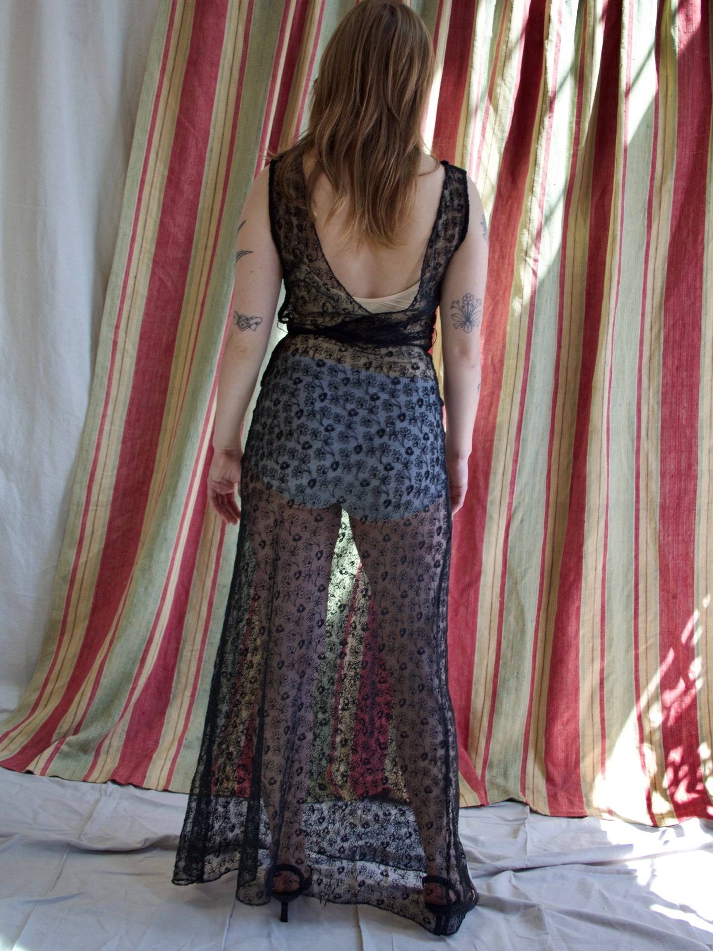 1930s Inky Black Embroidered Net Low Back Dress