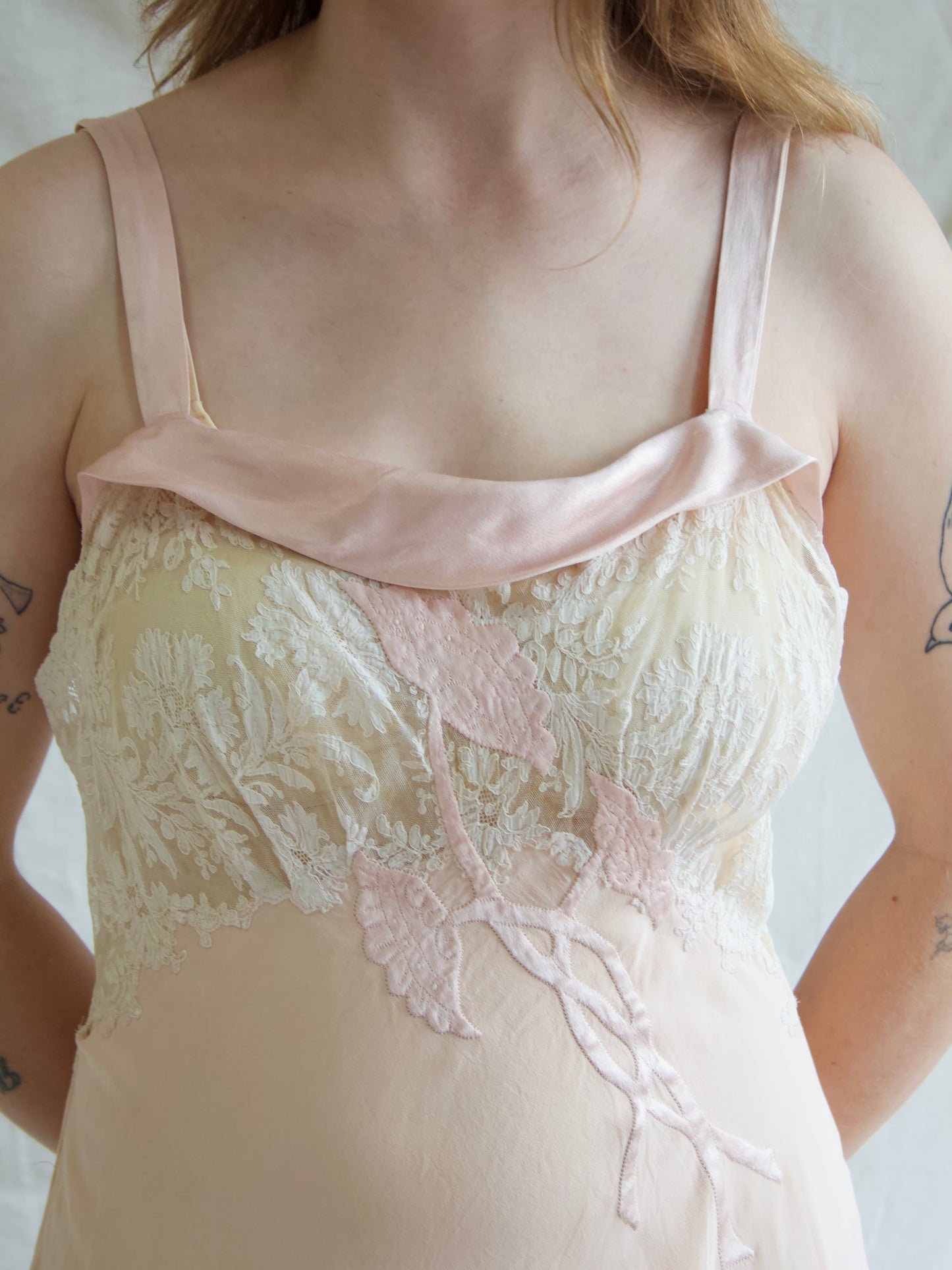 1930s Hand Sewn Bias Cut Silk Lace Floral Appliqués Slip Dress