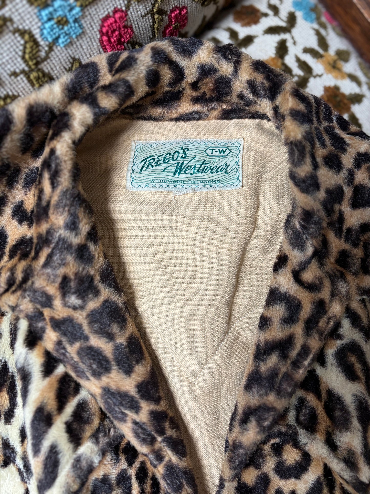 Rare 1950s 'Tregos West Wear' Plush Leopard Print Western Zip Front Shirt