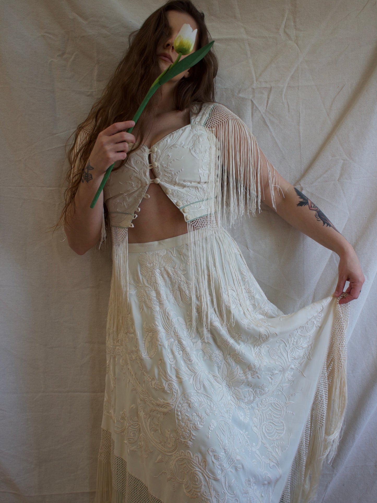 Antique Embroidered Fringe Piano Shawl Made Two Piece Gown
