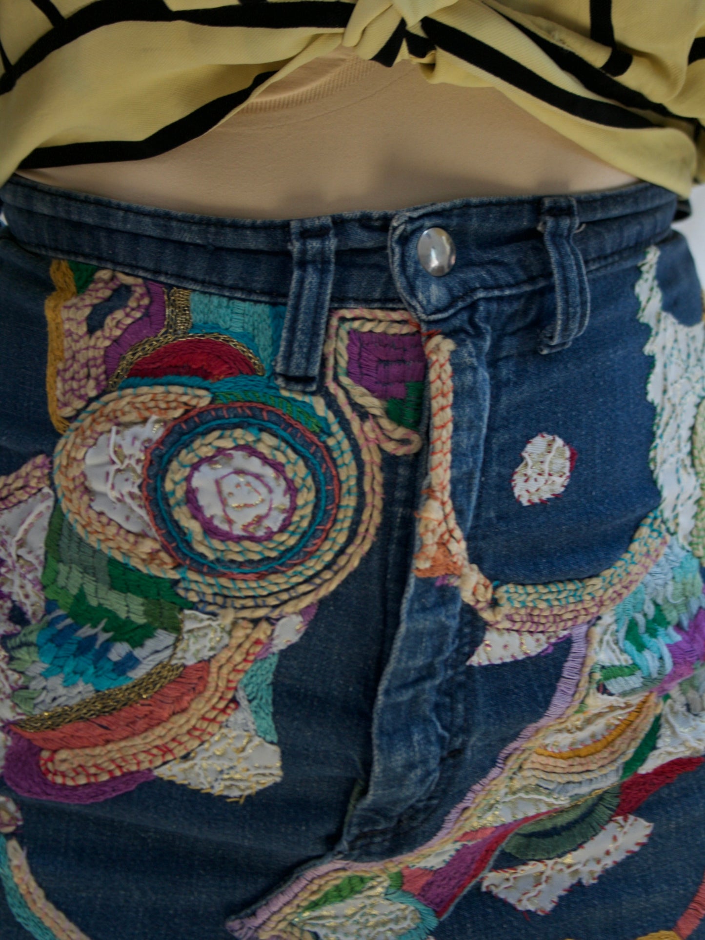 Hand Made 1977 Dated Embroidered Denim Hippie Skirt