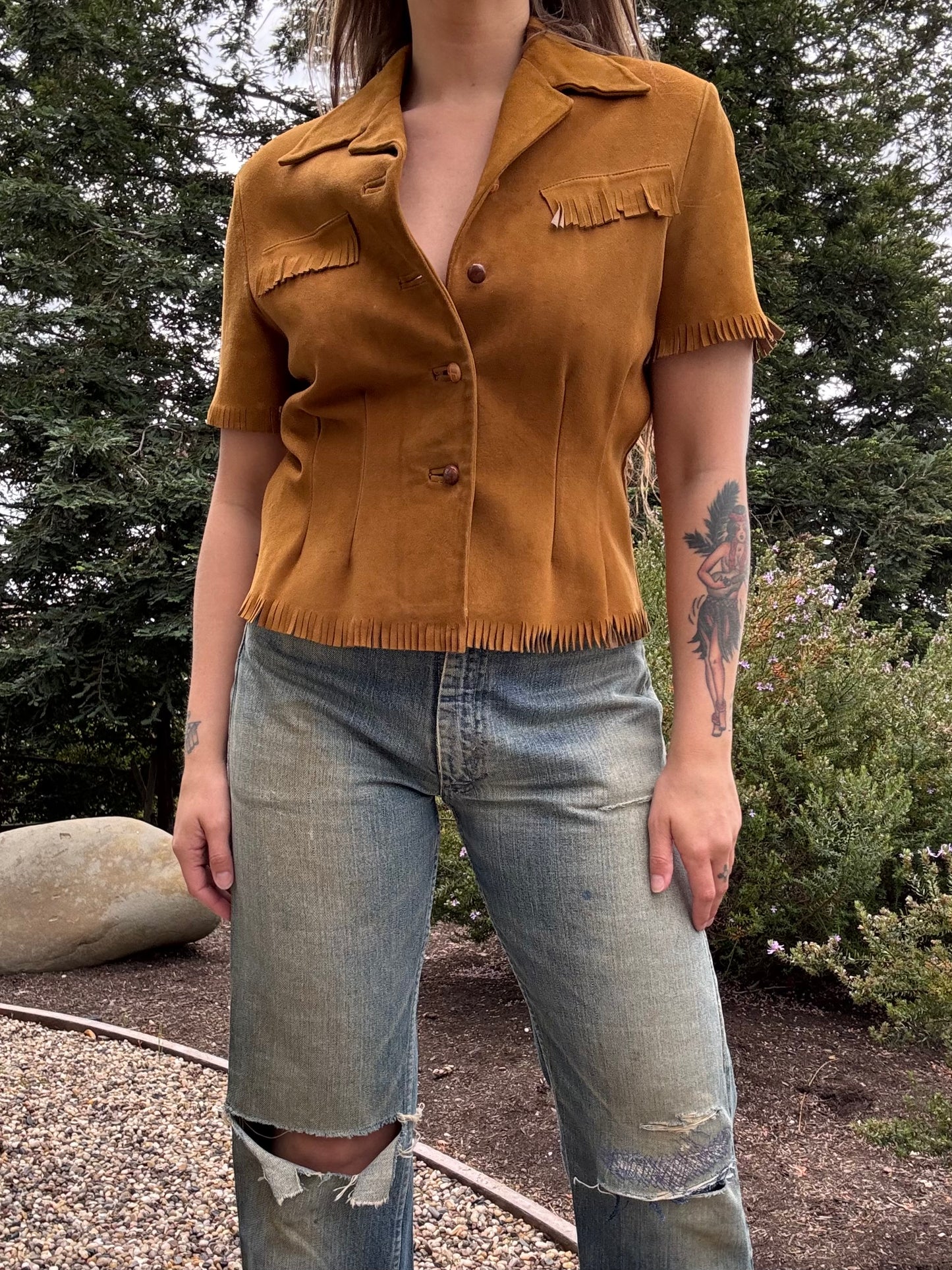 1940s Suede Leather Fringe Button Front Western Blouse