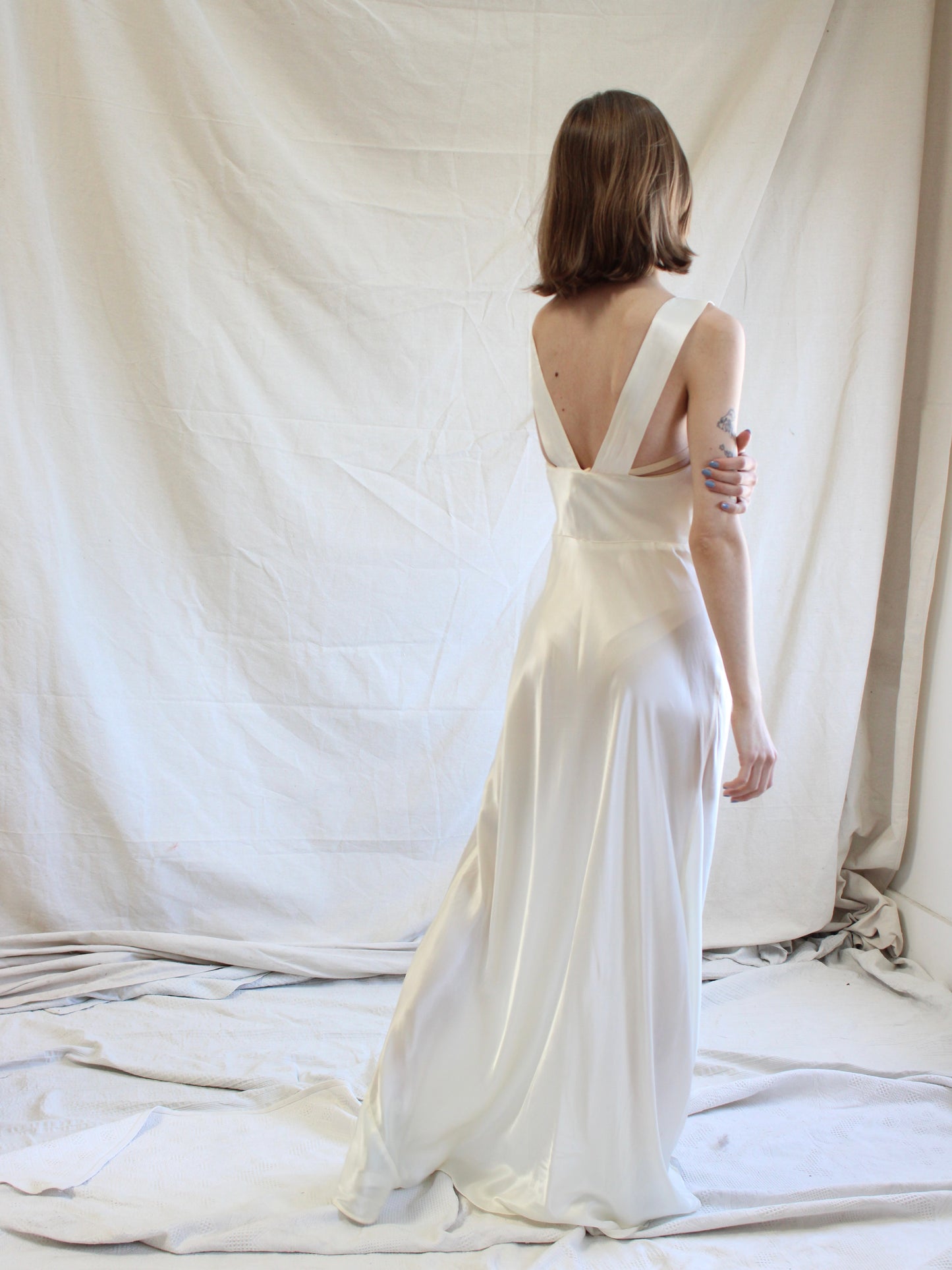 1940s Lace & Ivory Liquid Satin Ruffle Trim Bias Cut Slip Dres