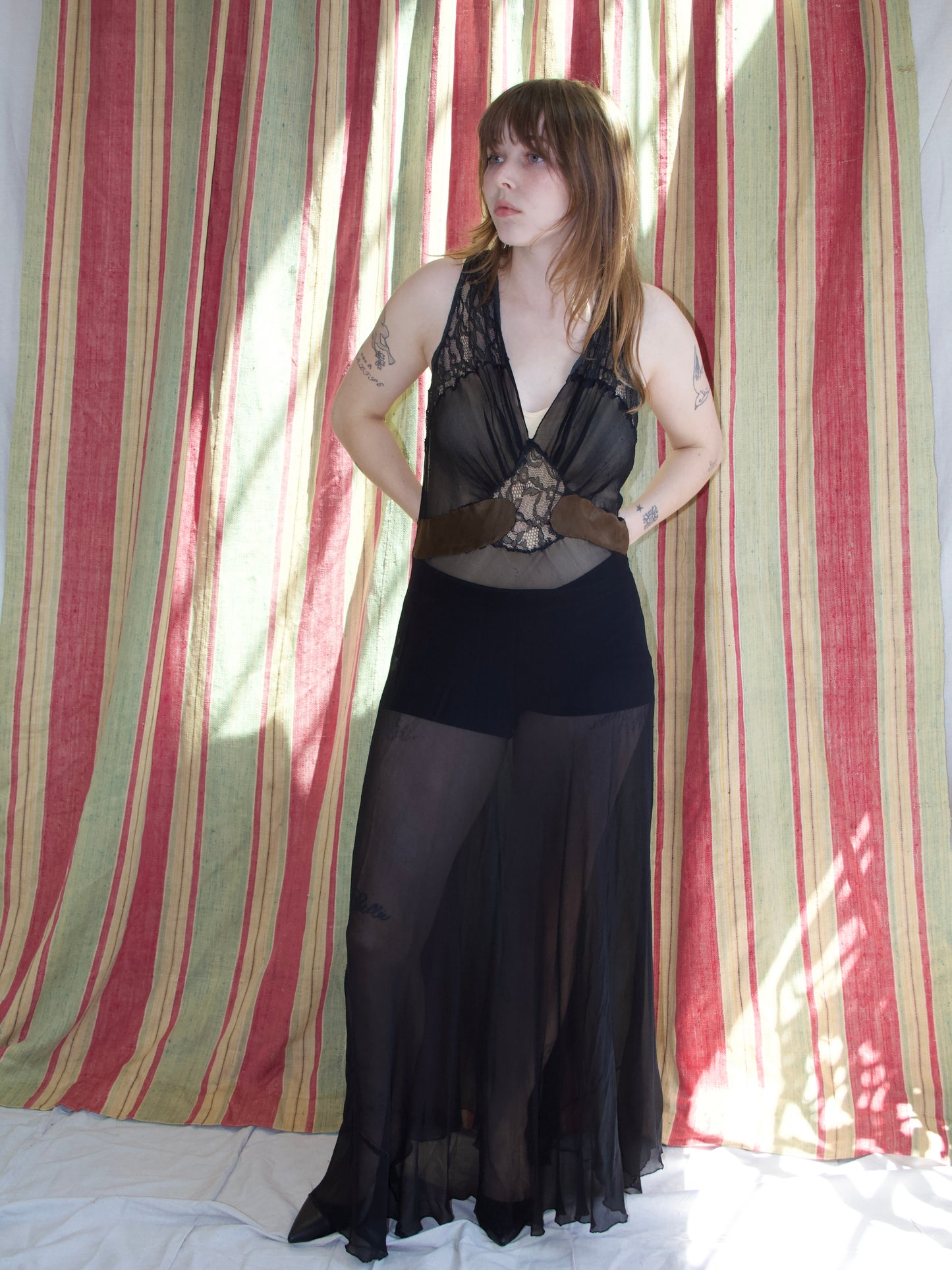 1930s Plunging Bias Cut Two Tone Silk Chiffon & Lace Trim Gown
