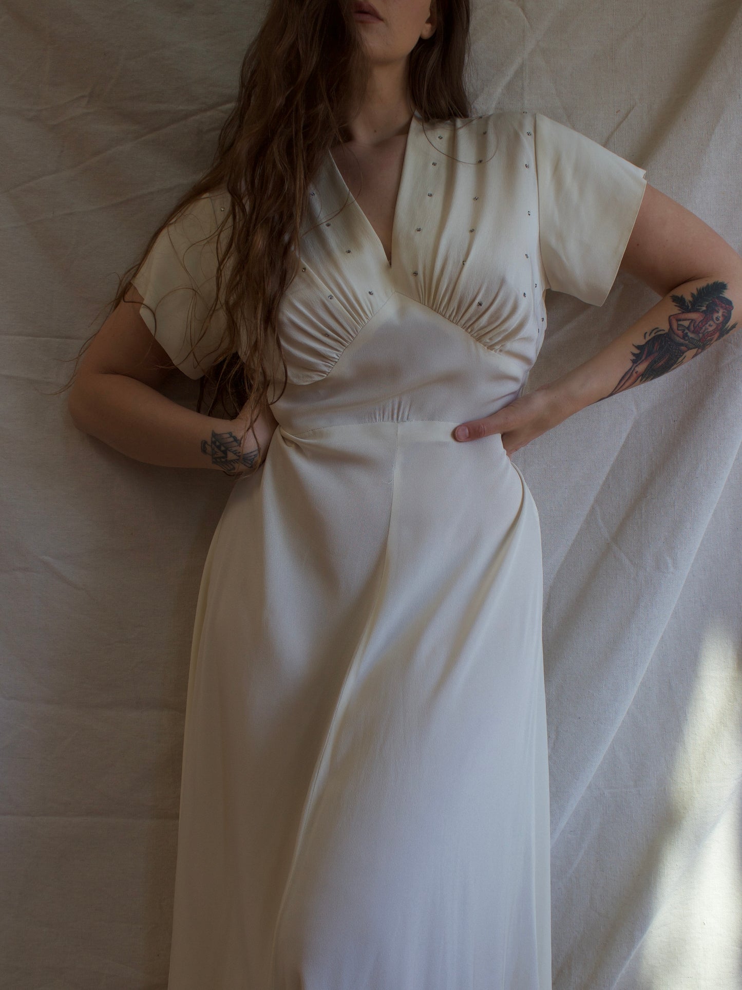 1940s Diamante Silk Crepe Bias Cut Gown