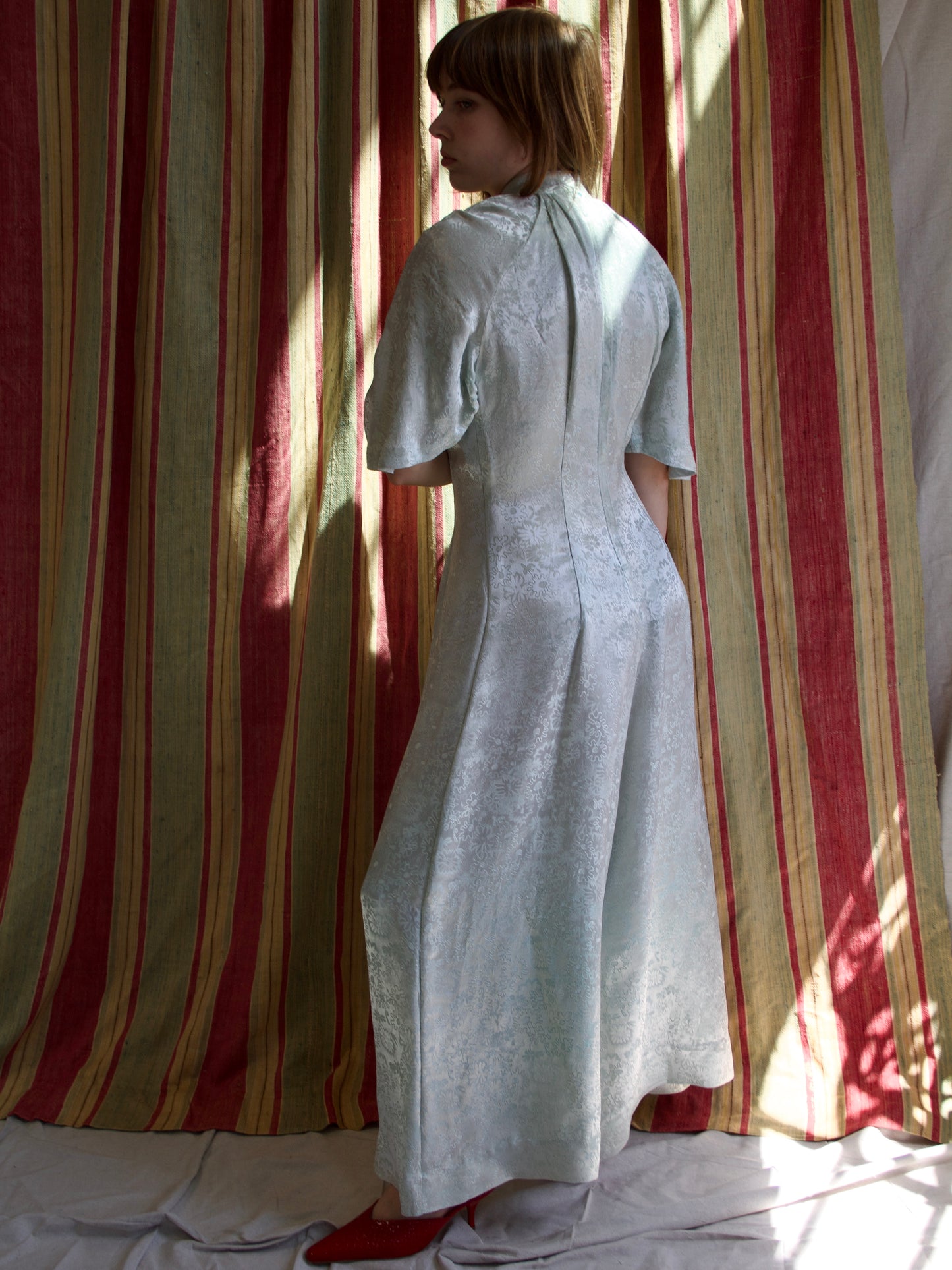 1970s Faux Silk Damask Bell Sleeve High Neck Palazzo Pant Jumpsuit