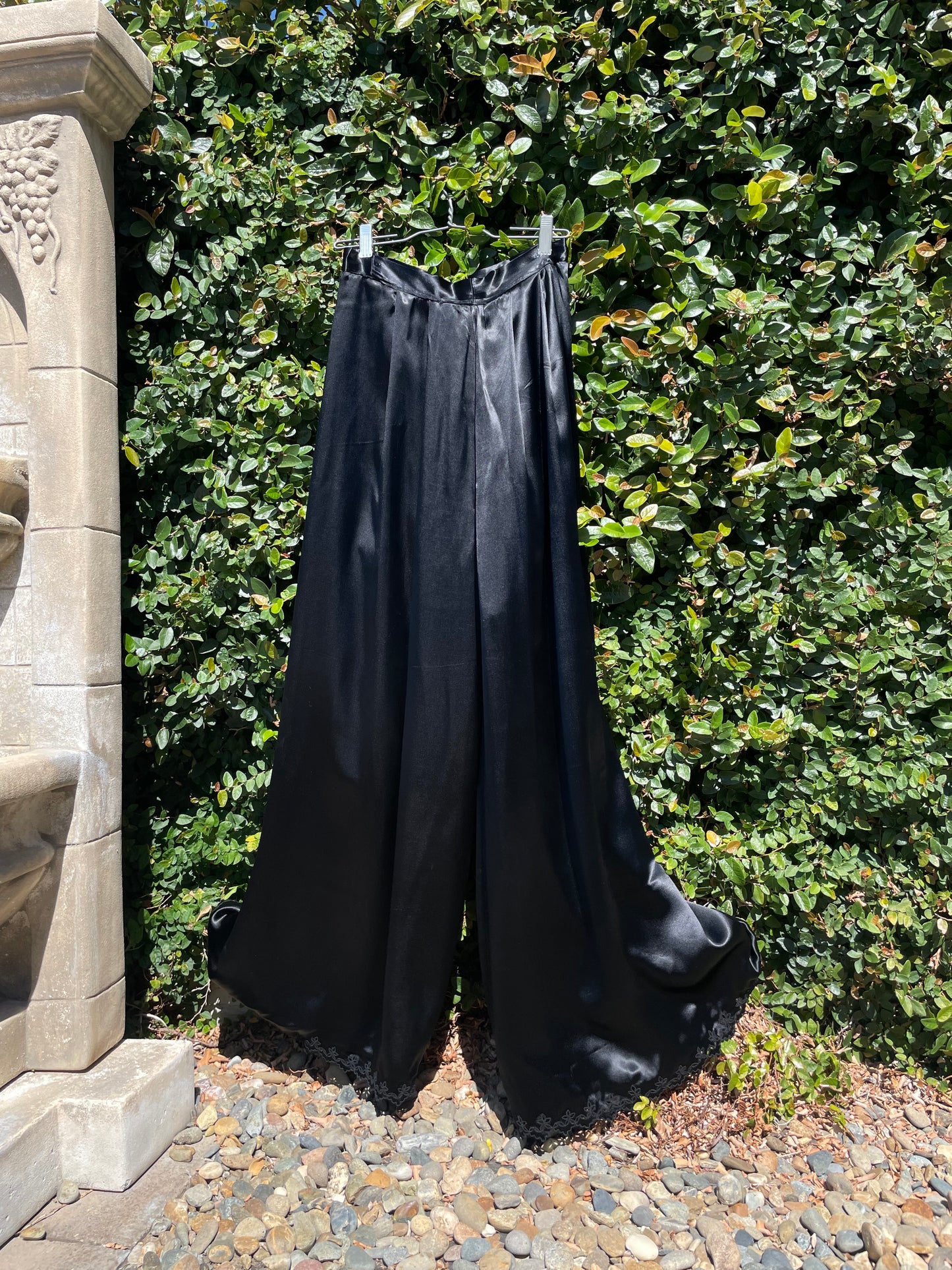 1940s Noir Satin Side Snap Wide Leg Eyelet Border Palazzo Pants