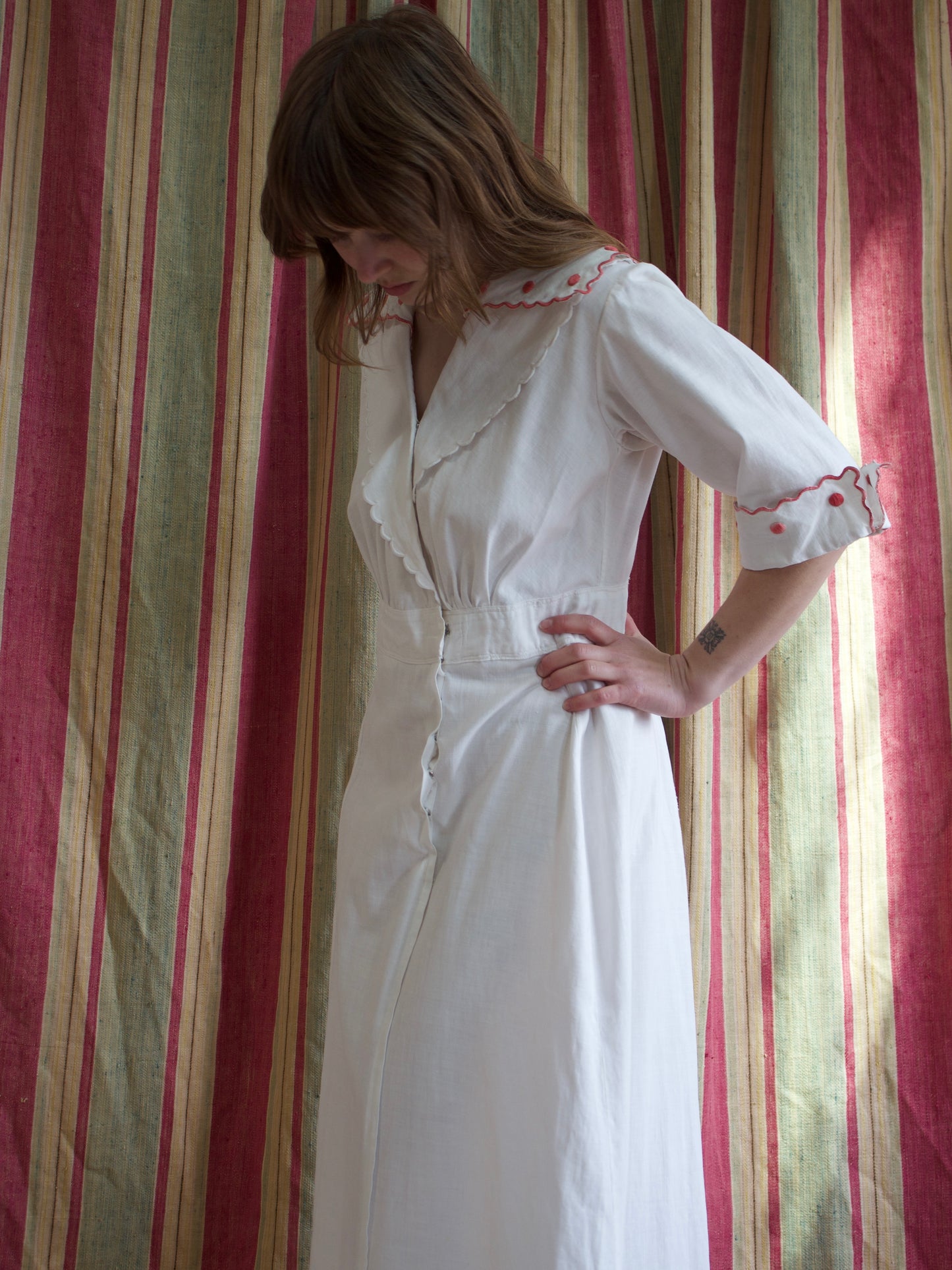 Edwardian Scalloped Hem Ivory Linen Sportswear Summer Dress