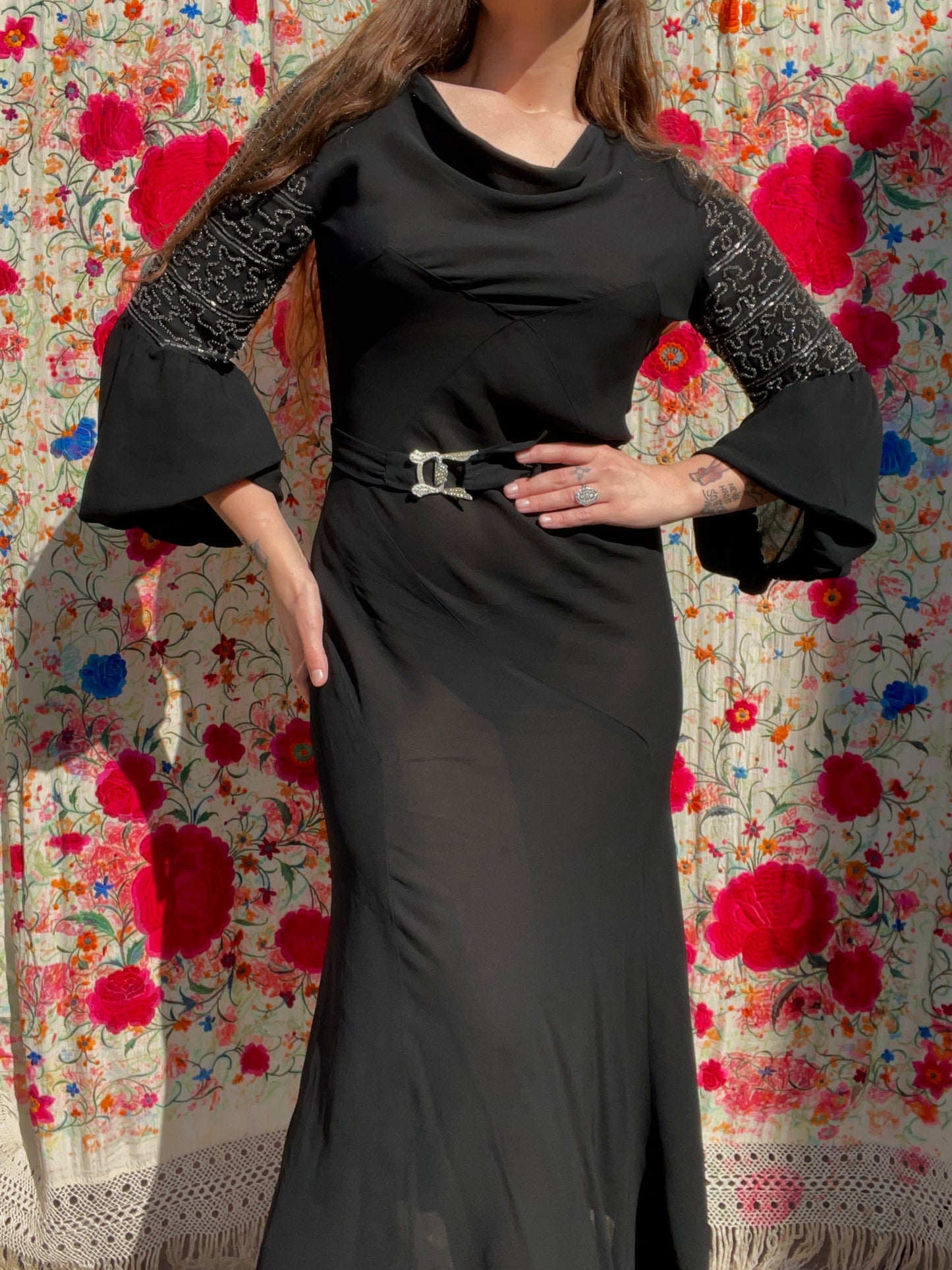 1930s Deco Jet Black Silk Crepe Glass Beaded Bishop Sleeve Dress