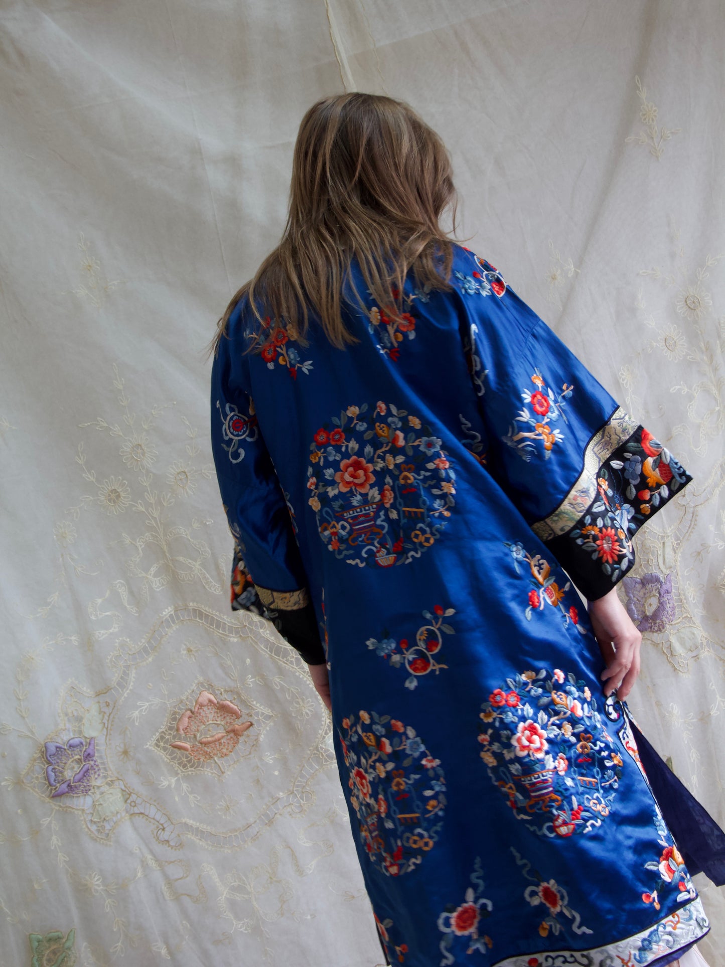 1940s Royal Blue Silk Chinese Mandarin Collar Robe